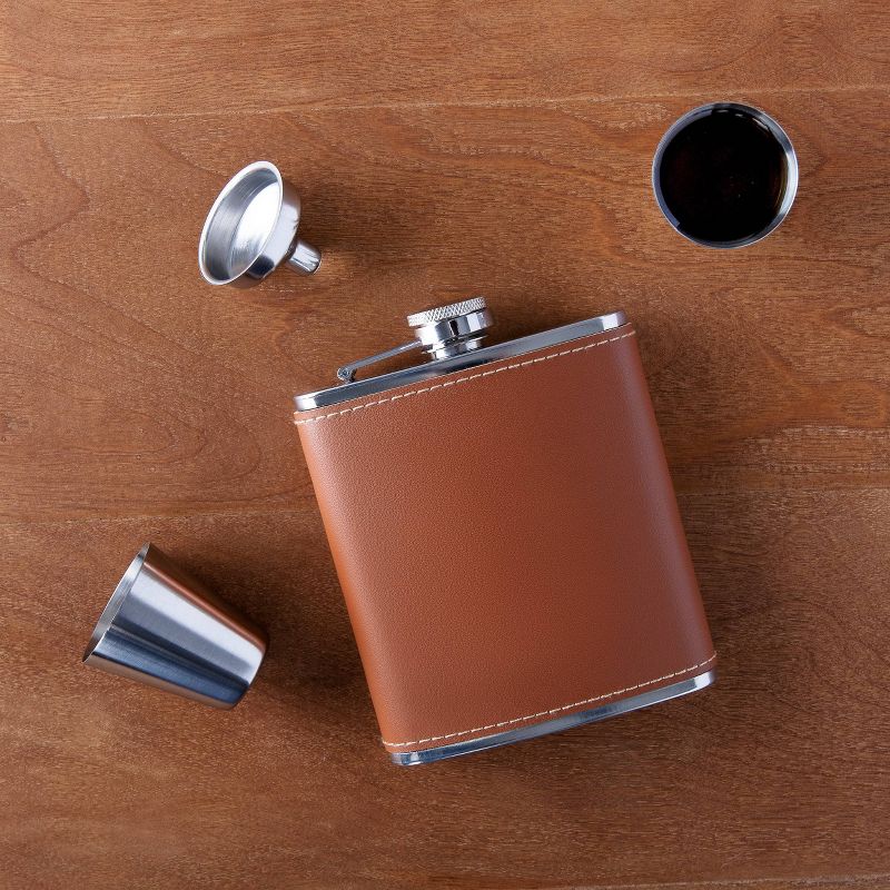 6oz Stainless Steel and Leather Flask Brown - Cathy's Concepts