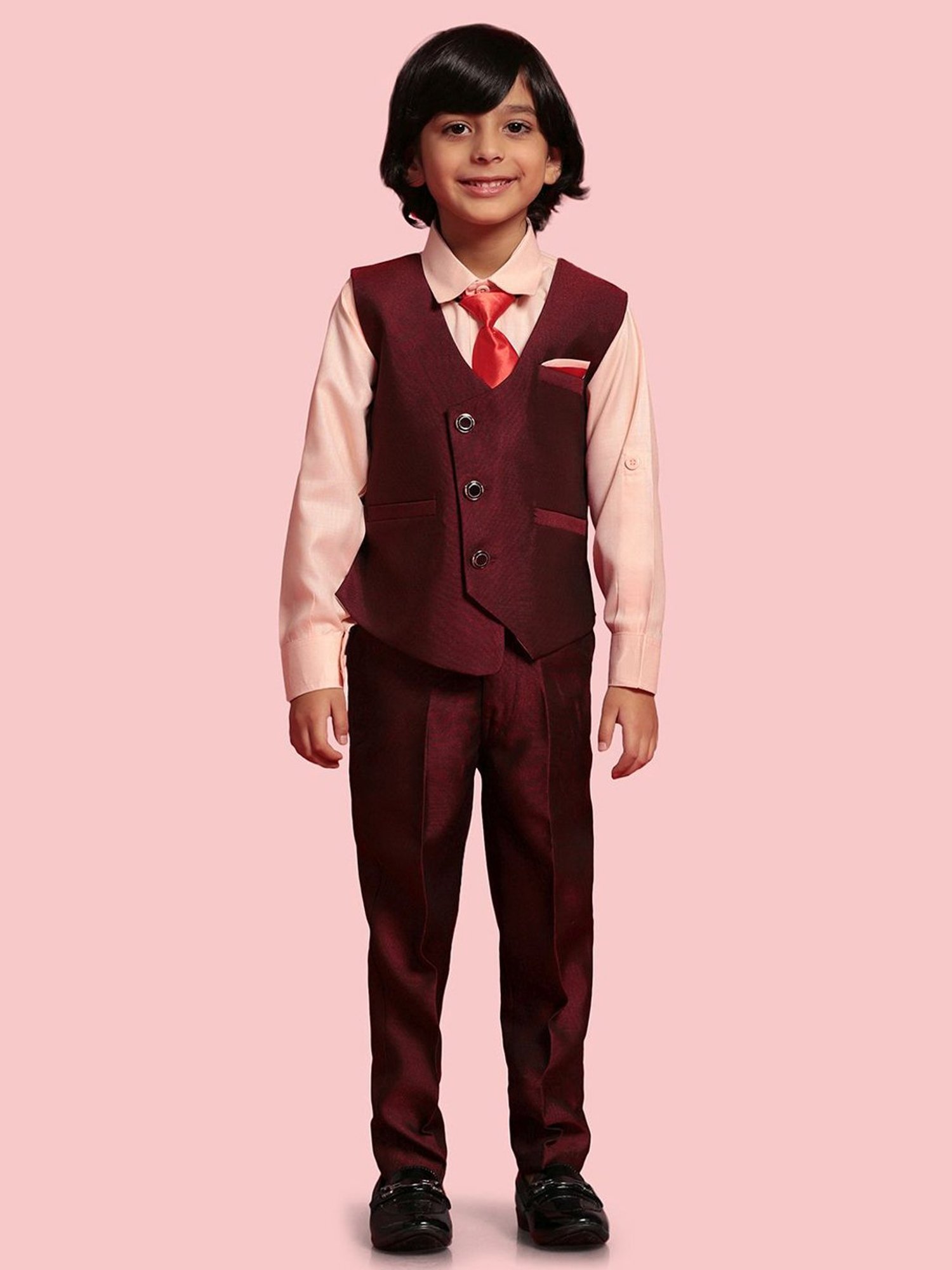 AJ Dezines Kids Maroon & Pink Regular Fit Full Sleeves Shirt Set