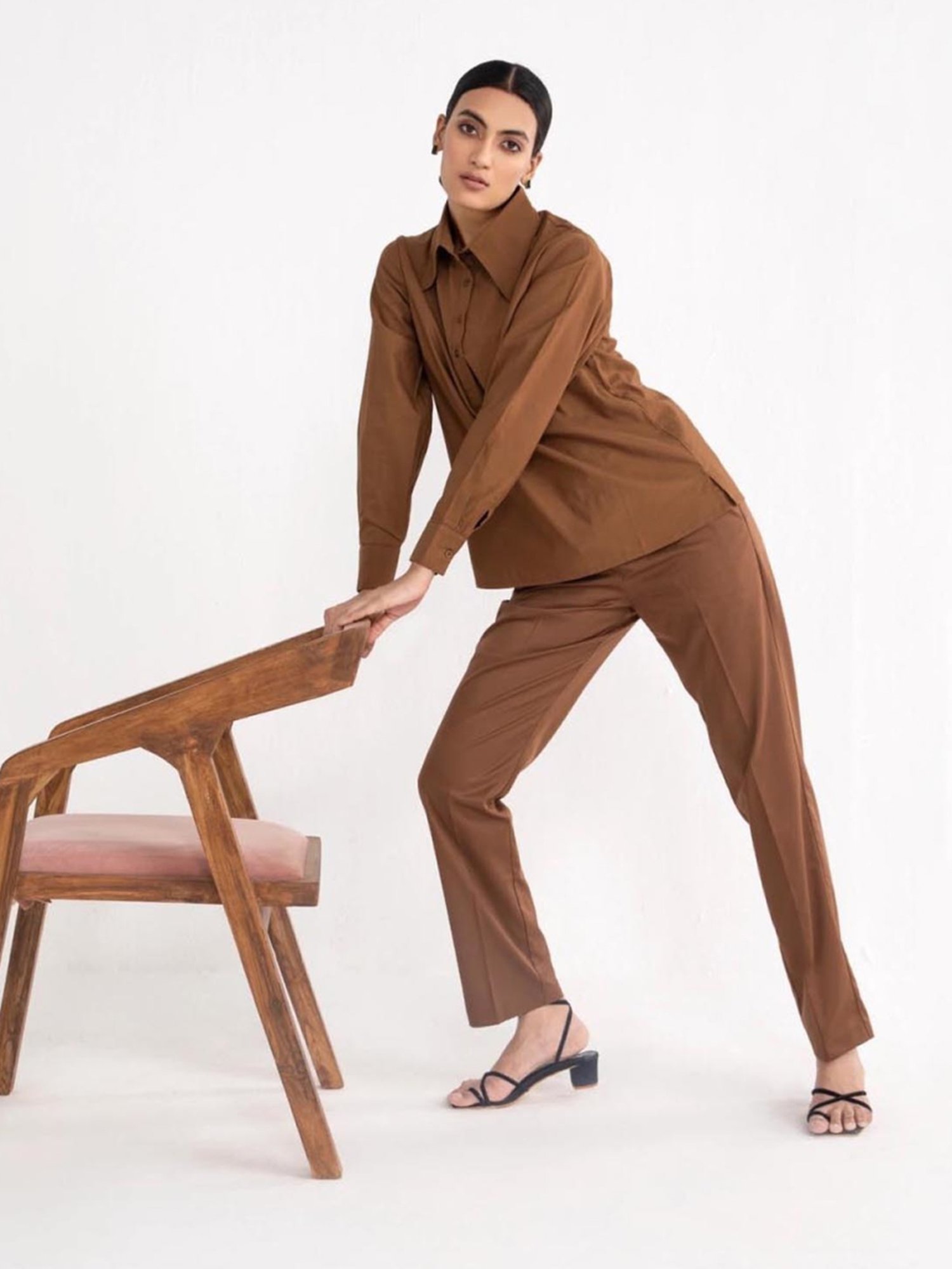 Qua Coffee Brown Elasticated Straight Trousers
