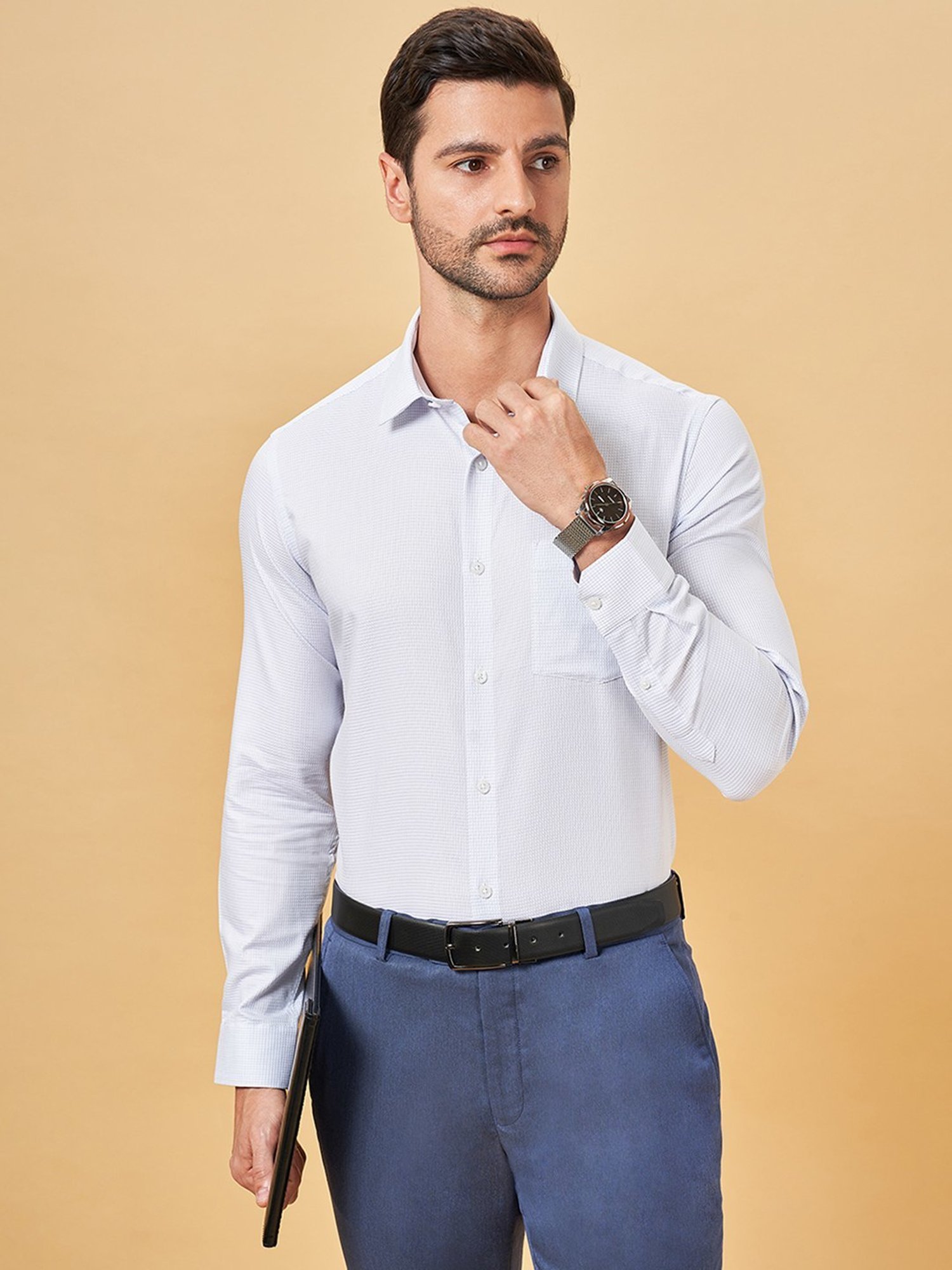 Peregrine by Pantaloons Silver Lake Blue Cotton Slim Fit Texture Shirt