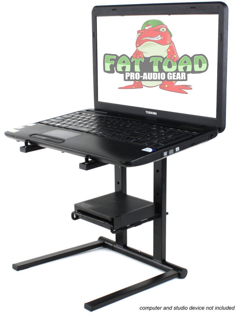 Folding DJ Laptop Stand with Sub-tray Shelf by FAT TOAD | Pro Audio Computer Table Top Rack Stand Mount for iPads, Mixer Controller & Tablets | Portable PC Gear Clamp Holder | Stage Booth, Home Office