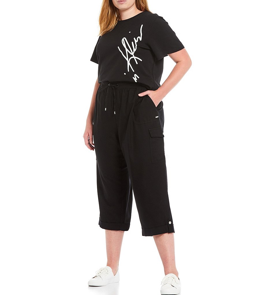 Calvin Klein Plus Size Drawstring Waist Cuffed Hem Crop Cargo Pants
