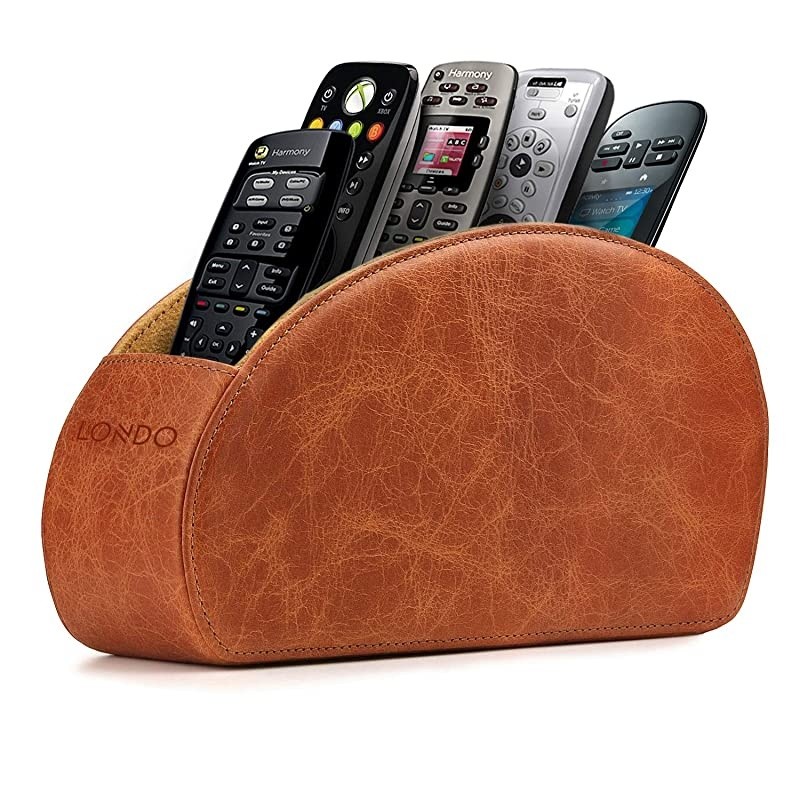 Remote Controller Holder Organizer Store DVD Bluray TV Roku or Apple TV Remotes Italian Genuine Leather with Suede Lining Living or Bedroom Storage Brown