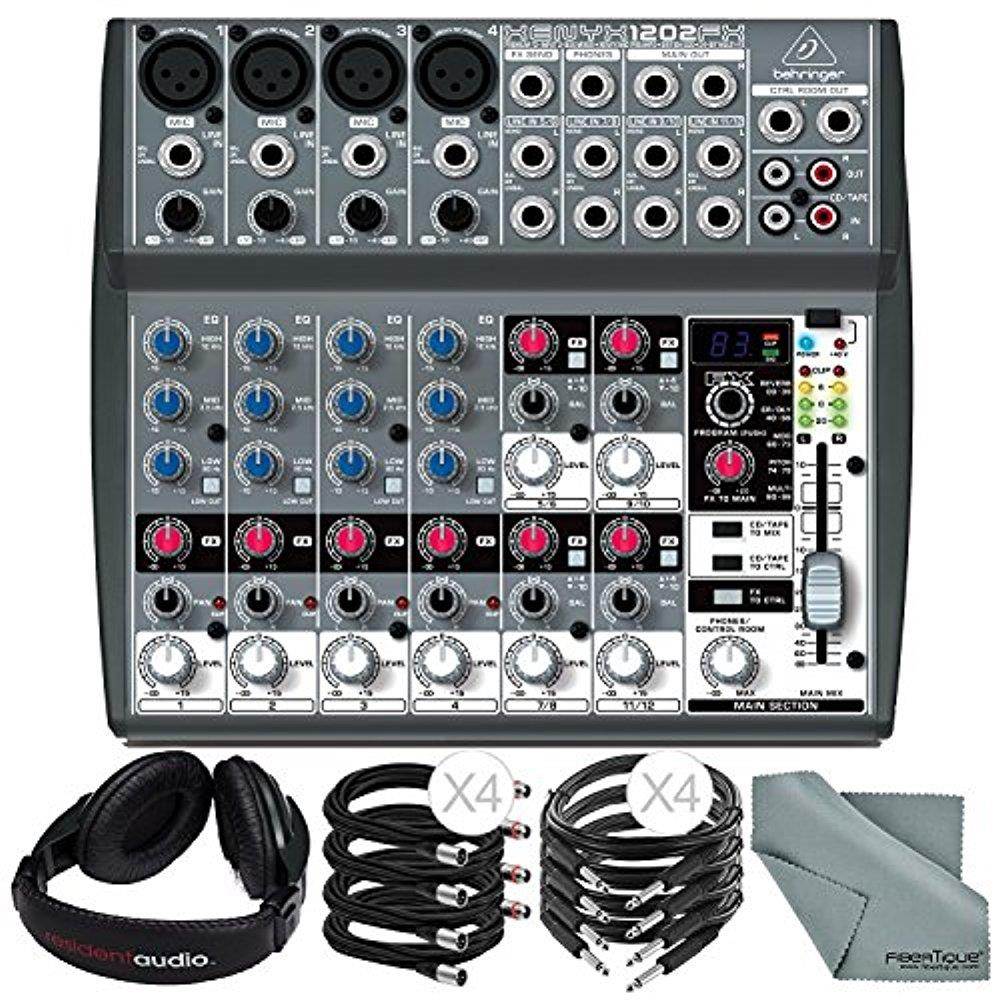 Behringer XENYX 1202FX 12 Channel Audio Mixer w/ Effects Processor and Bundle w/ Headphones + Cables + Fibertique Cloth