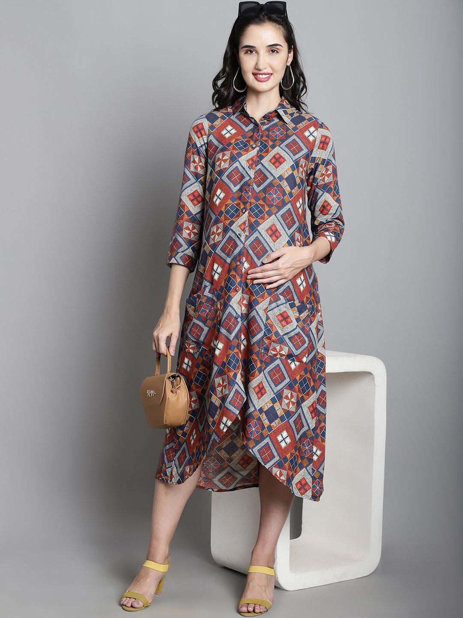 Moms Maternity Maroon Printed Maternity Dress