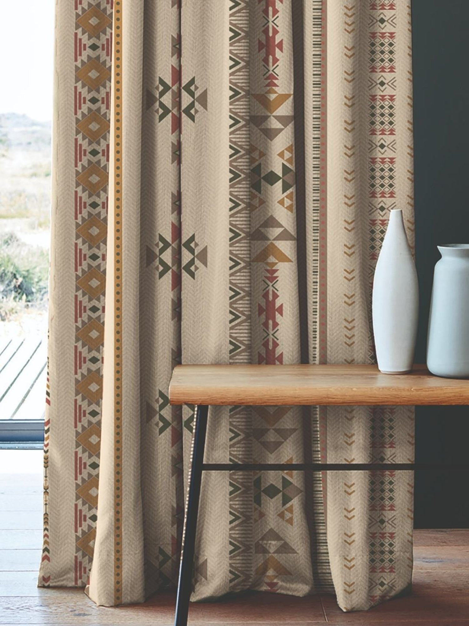 SPACES DRAPE STORY Boho Digital Print Beige Polyester 5 ft Window Curtains - Set of 2