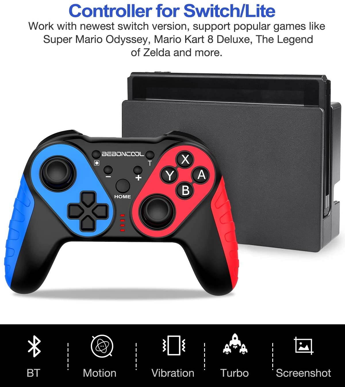 BEBONCOOL Nintendo Switch Controller, Nintendo Switch Pro Controller, Wireless Controller For Switch/Switch Lite, Wireless Switch Controller With Turbo, Motion,Vibration Function