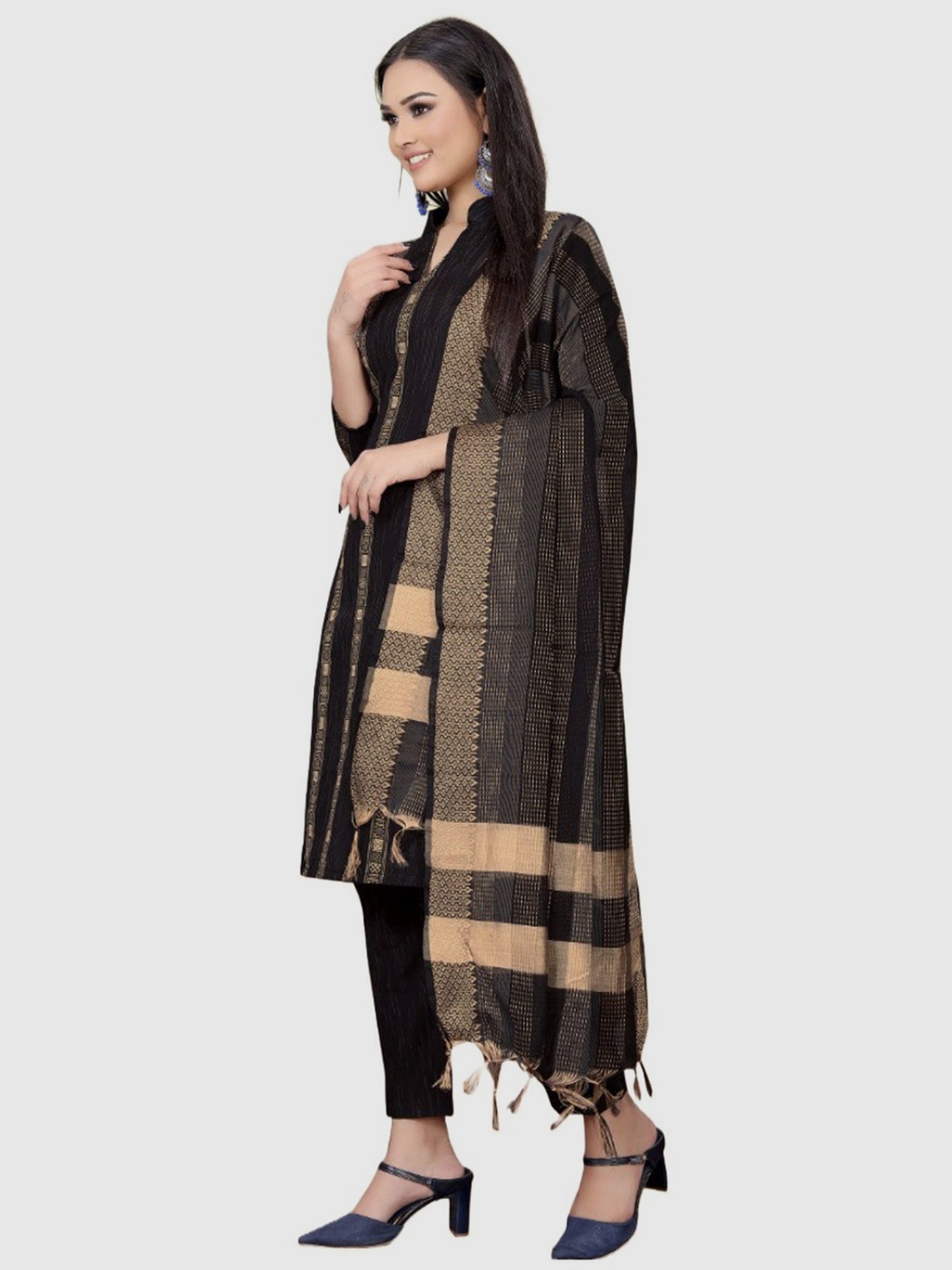 APNISHA Black Cotton Woven Pattern Unstitched Dress Material