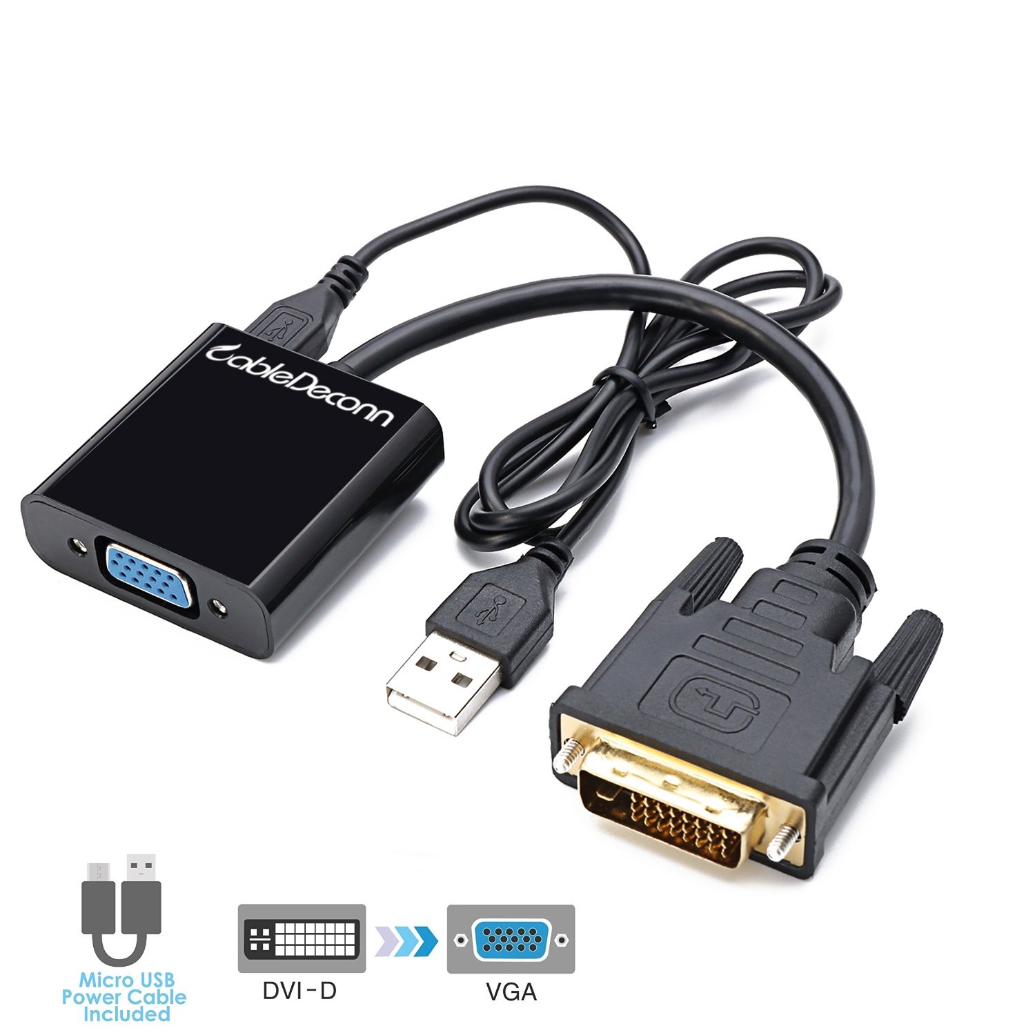 Active DVI to VGA, CableDeconn DVI 24 + 1 DVI-D M to VGA Female to Micro USB Active Adapter Converter Cable for PC DVD HDTV Monitor