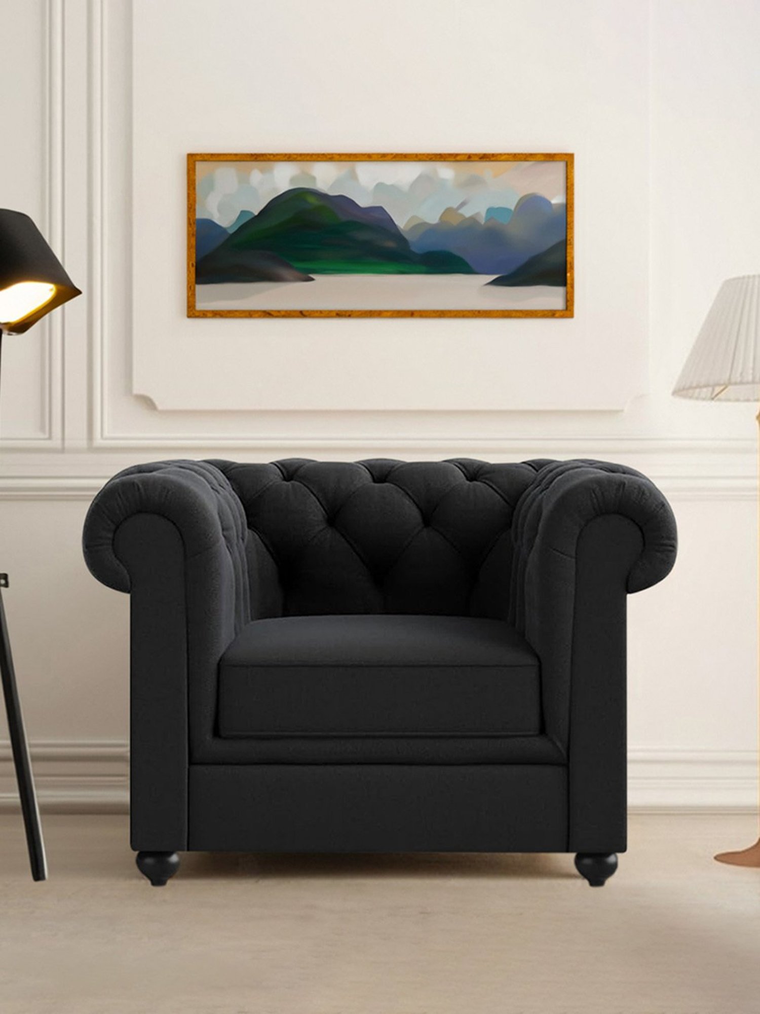 Trevi Manchester Quilted Black Fabric & Neem Wood 1 Seater Sofa