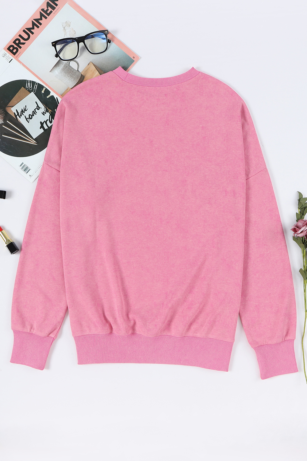 Pink Plain Drop Shoulder Ribbed Trim Oversized Sweatshirt