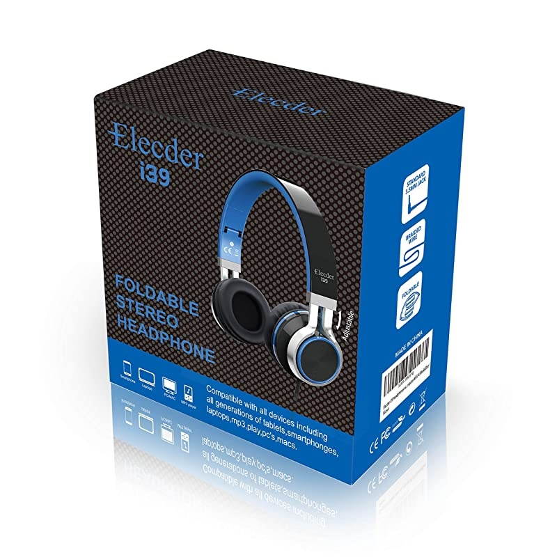 i39 Headphones with Microphone Foldable Lightweight Adjustable On Ear Headsets with 3.5mm Jack for Cellphones Computer MP3/4 Kindle School Blue/Black