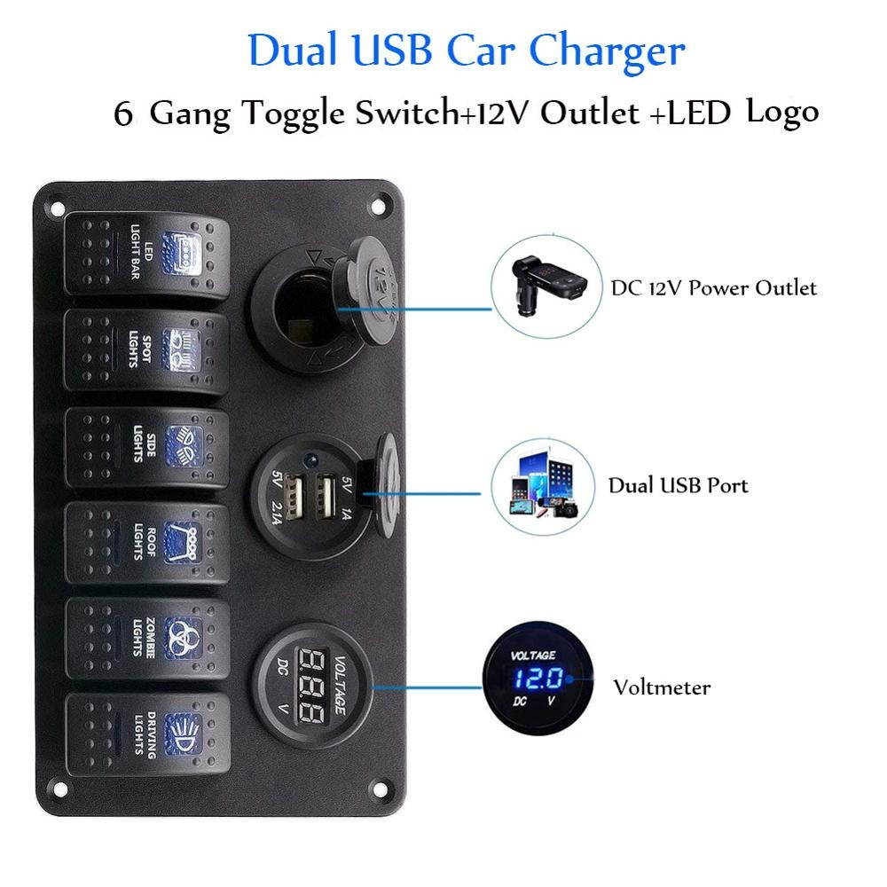 6Gang ON-OFF Toggle Switch Panel For Car Marine RV Truck Camper Boat With USB 12V-24V Socket Charger LED Voltmeter Accessories