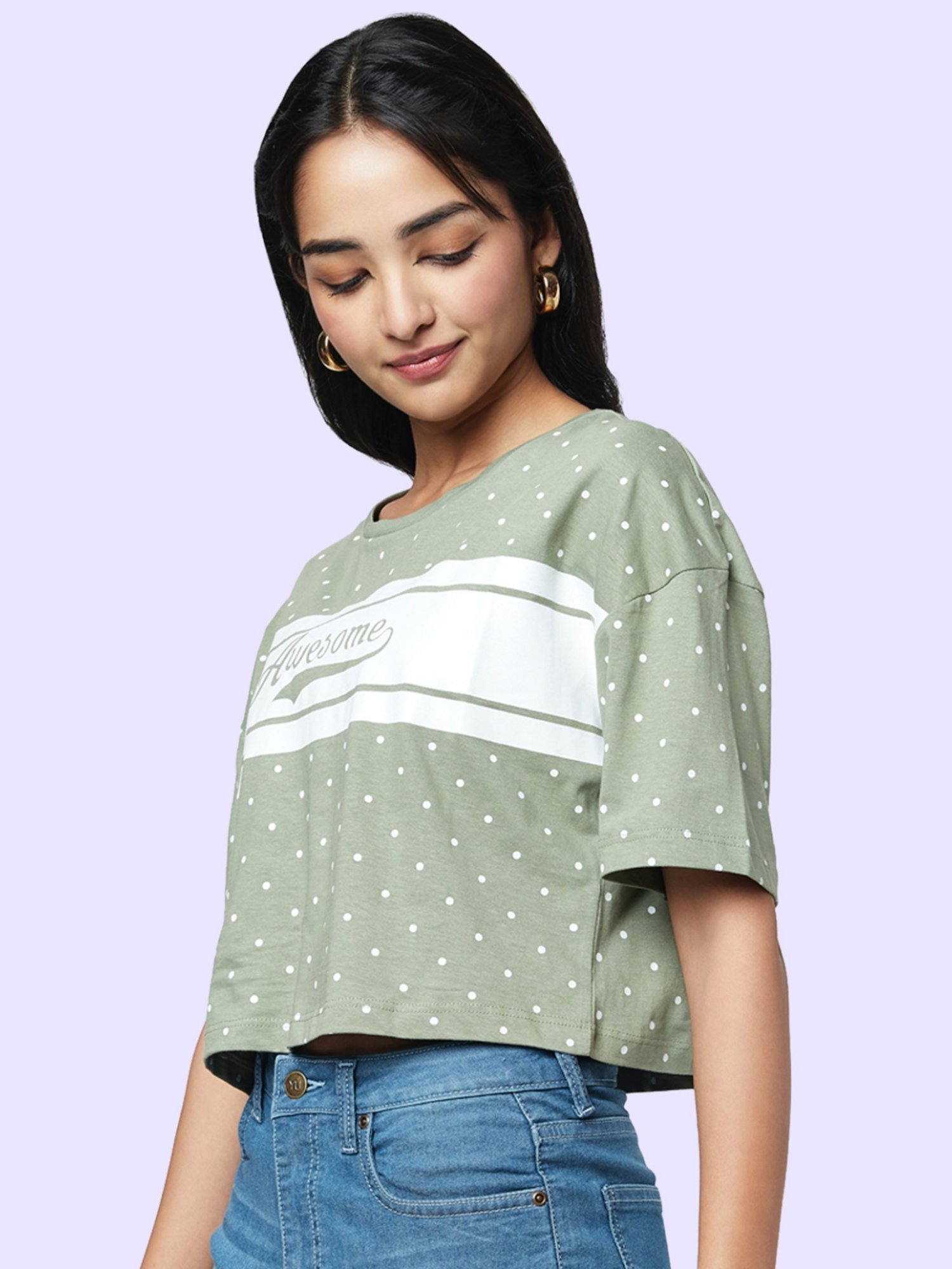 YU by Pantaloons Olive Green Cotton Graphic Print Top