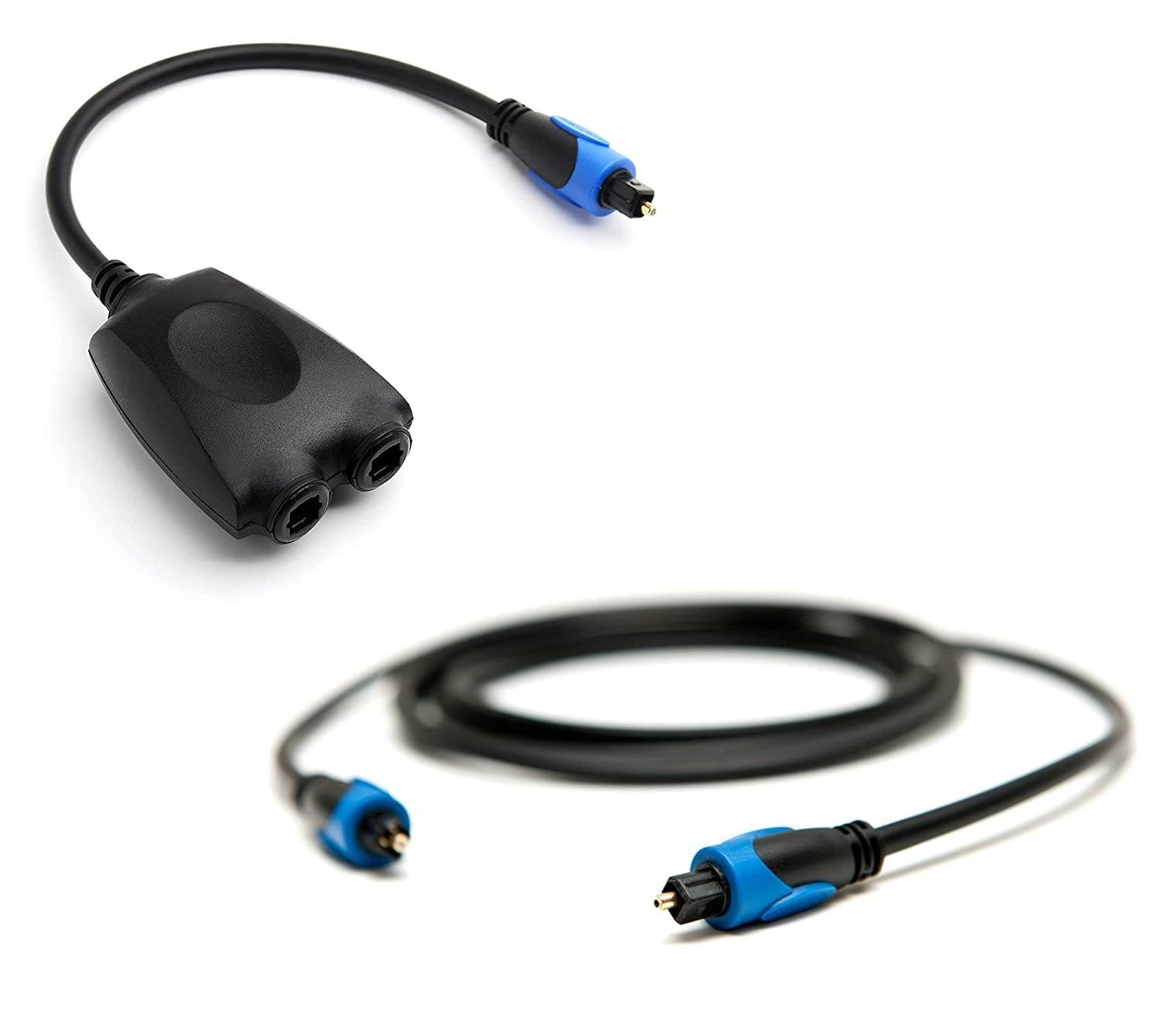 BlueRigger 1x2 Toslink splitter with 25FT Toslink Cable - 1 Male Input 2 Female Output - with 24K Gold Plated Connectors (Digital Optical Audio Cable in-Wall CL3 Rated for Home Theatre Xbox Playst