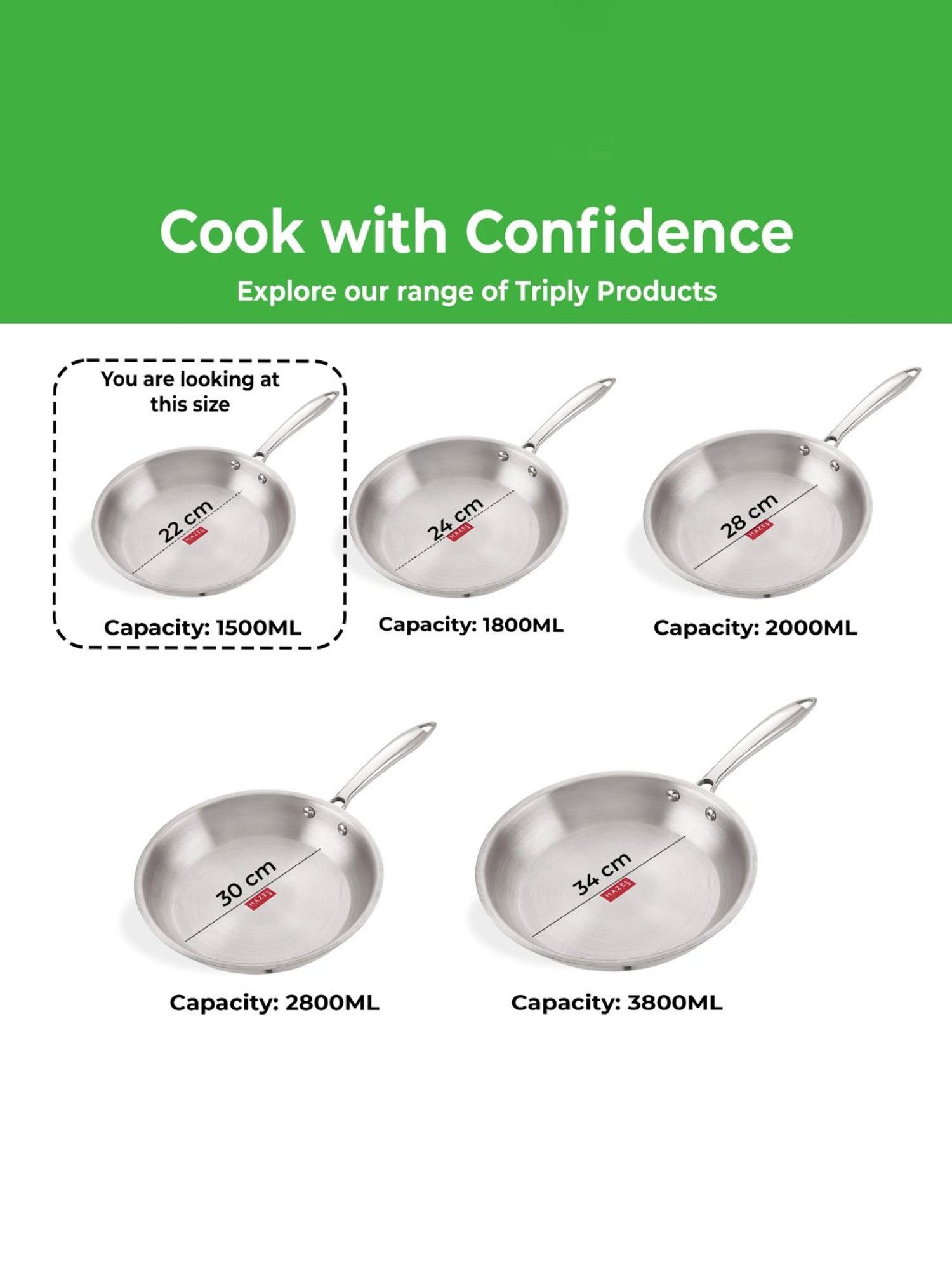 HAZEL Triply Stainless Steel Induction Bottom Fry Pan With Stainless Steel Lid, 1.5 Litre, 22 cm