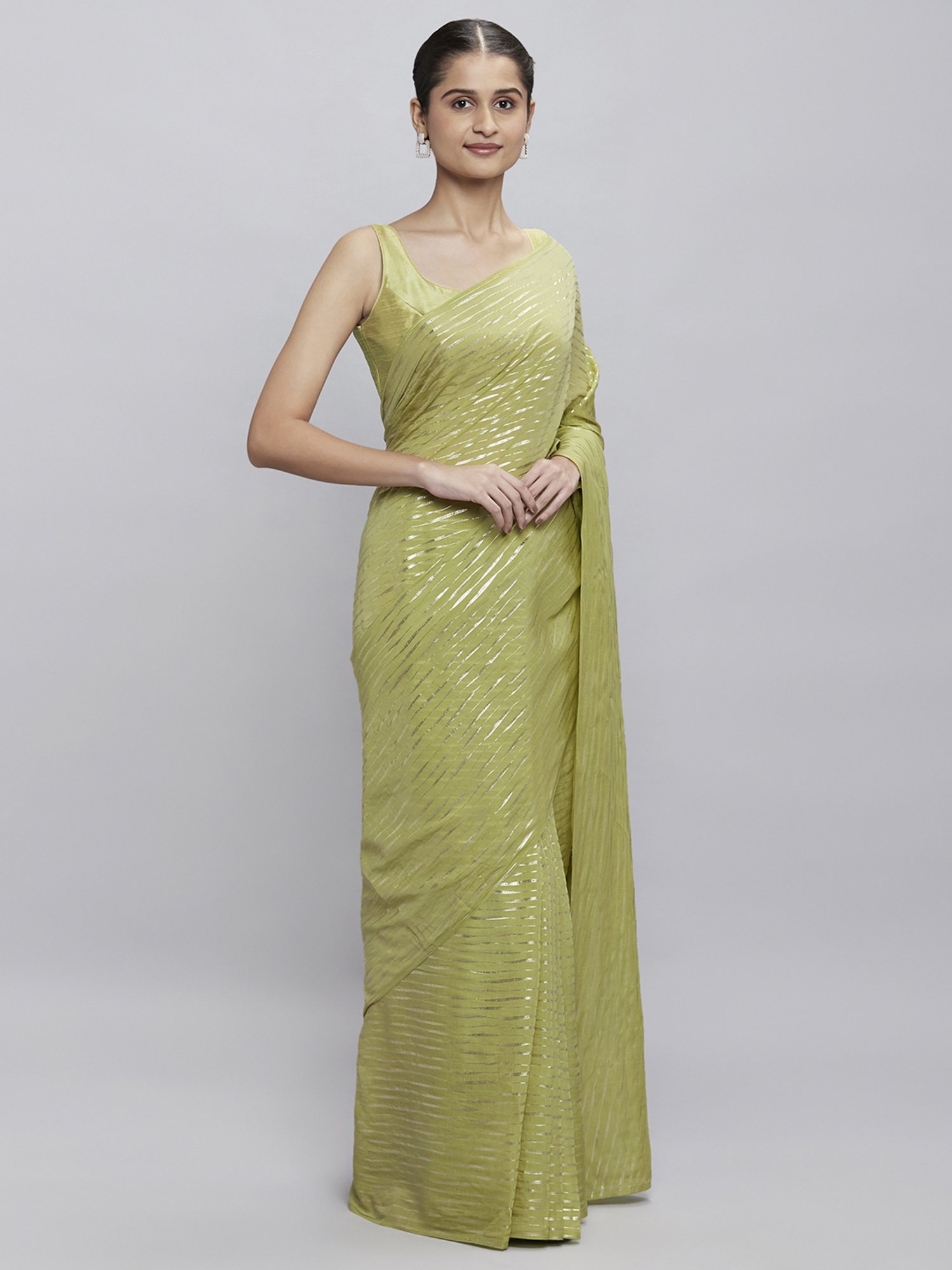 Navyasa Olive Liva Lite Pastel Foil Saree With Coordinated Unstitched Blouse Piece