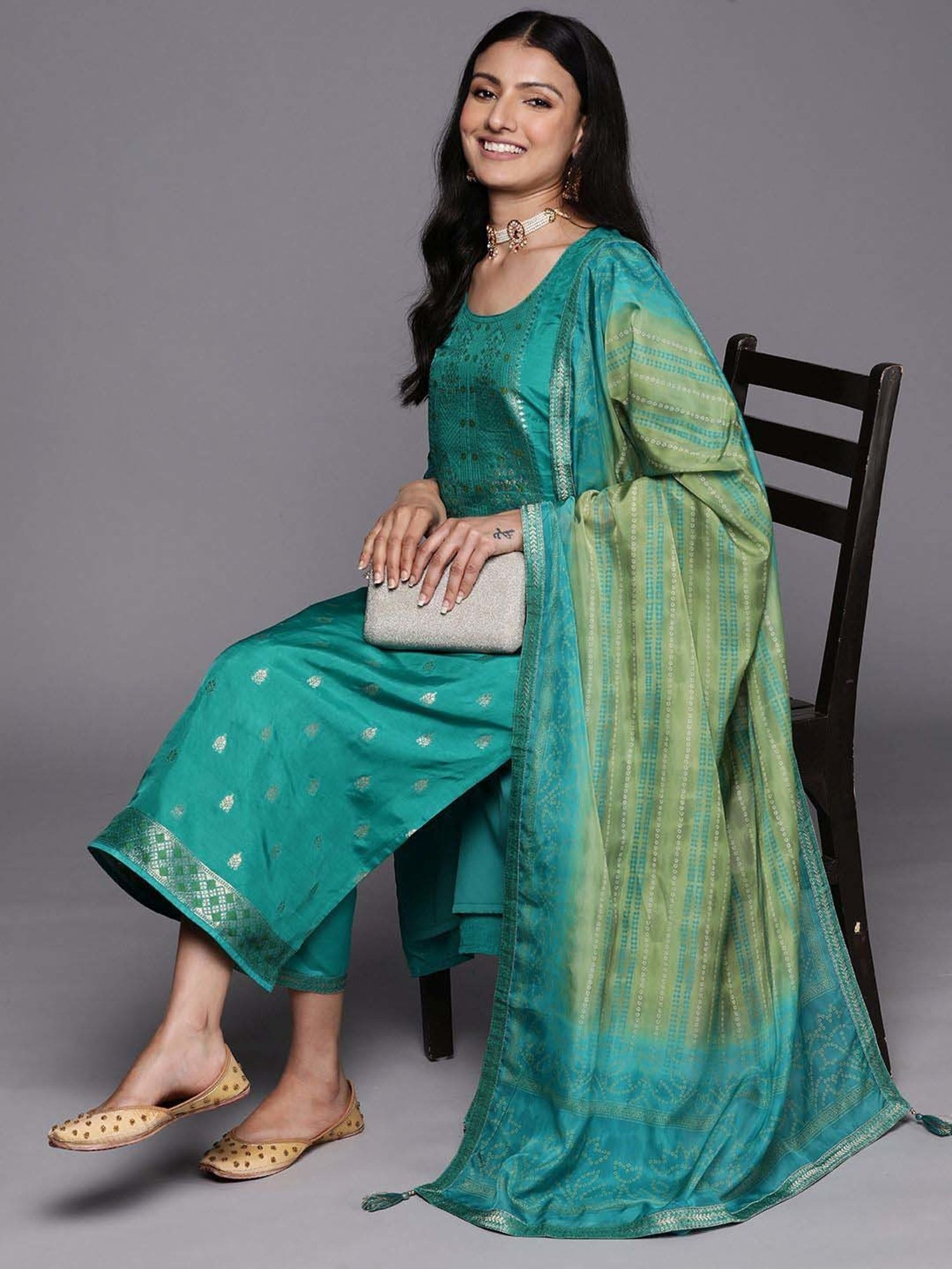 Libas Blue Woven Pattern Kurta Pant Set With Dupatta