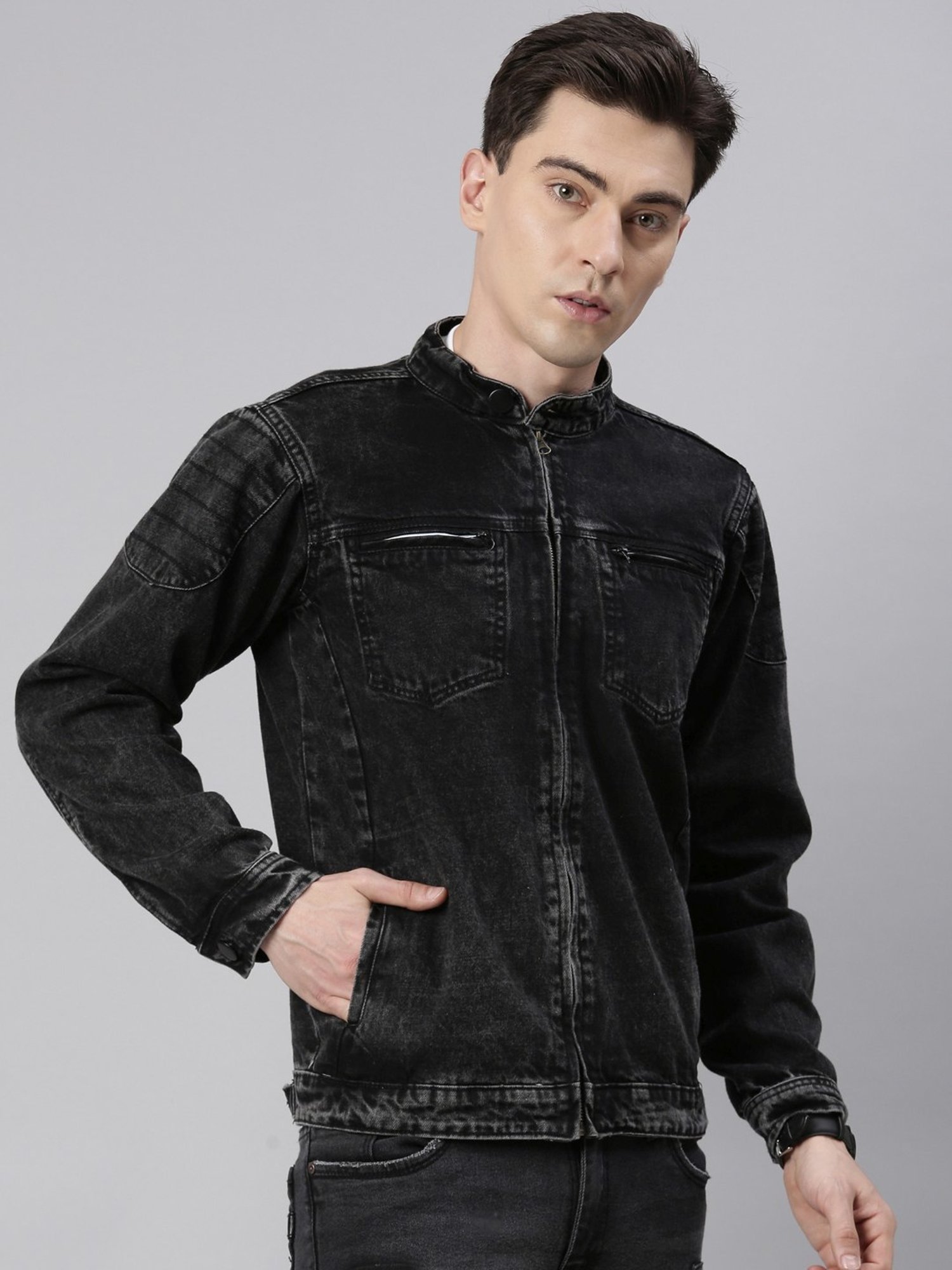 CINOCCI Black Cotton Slim Fit Denim Jacket