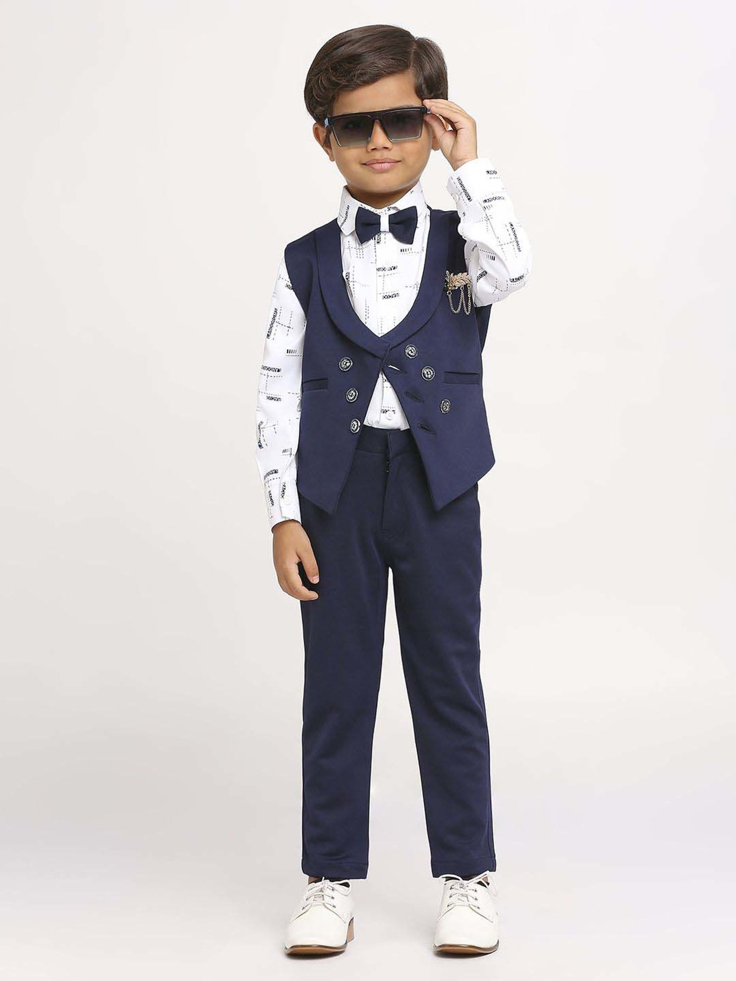 Kids Island Boys Blue Solid Full Sleeves Suit Set