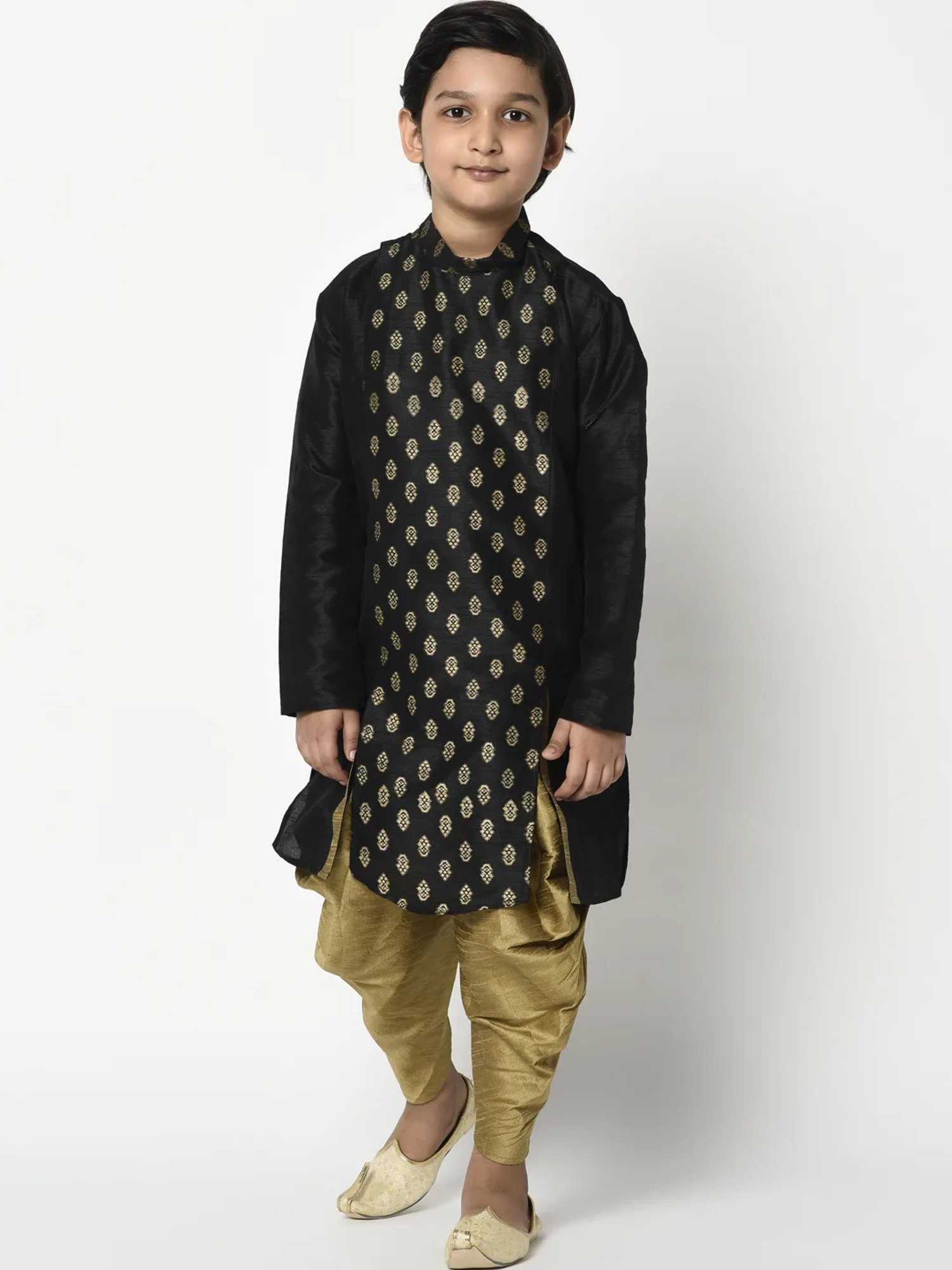 Deyann Kids Black & Gold Self Design Full Sleeves Kurta with Patiala