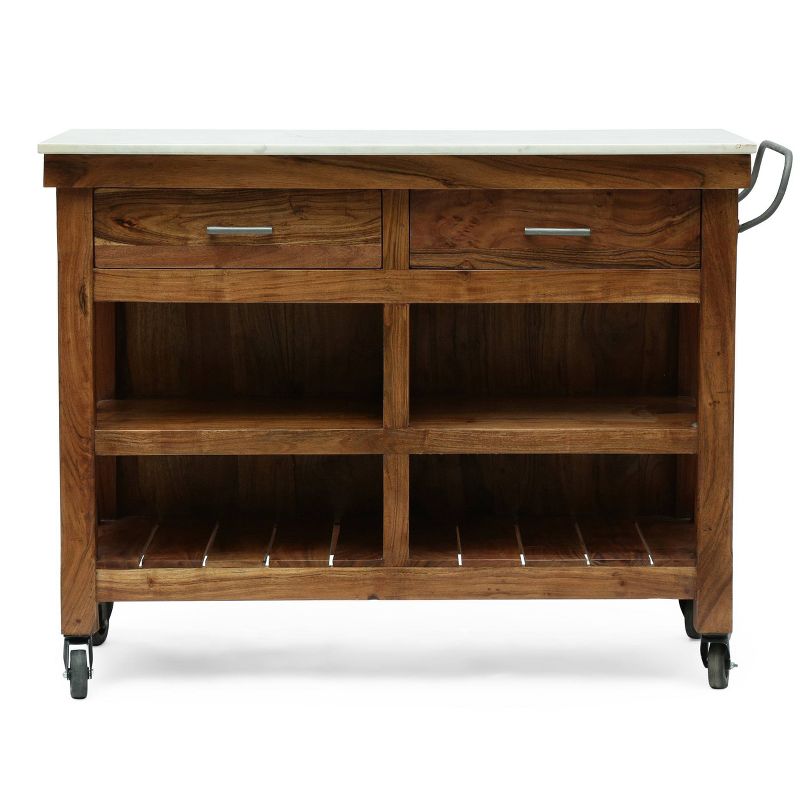 Depolo Rustic Glam Handcrafted Marble Top Acacia Wood Kitchen Cart with Wheels Natural/Natural White - Christopher Knight Home