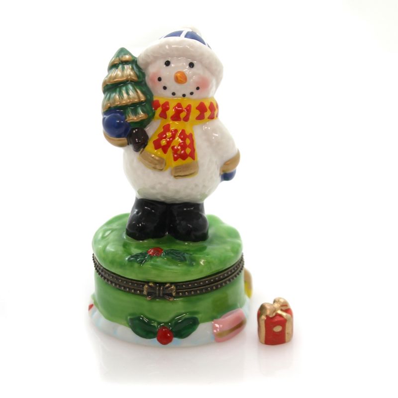 Hinged Trinket Box 3.75" Snowman With Tree Holly Holiday Christmas  -  Decorative Figurines