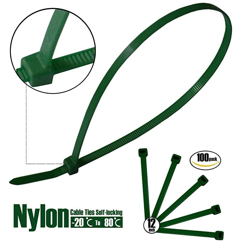 100 Pcs Nylon Cable Zip Ties - Heavy Duty Self-Locking 12 Inch Zip Ties Fasten Wrap Nylon Cable Straps Wire Ties for Organizing Wires, Home,Garden & Office Use (12-Inch, Green)