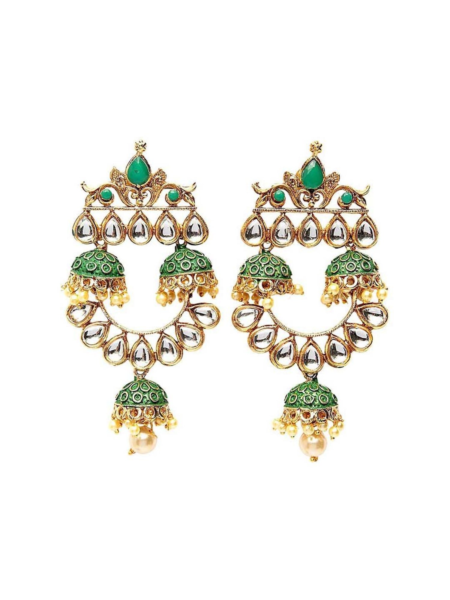 Panash Green & Gold-Plated Kundan Handpainted Dangler Earrings