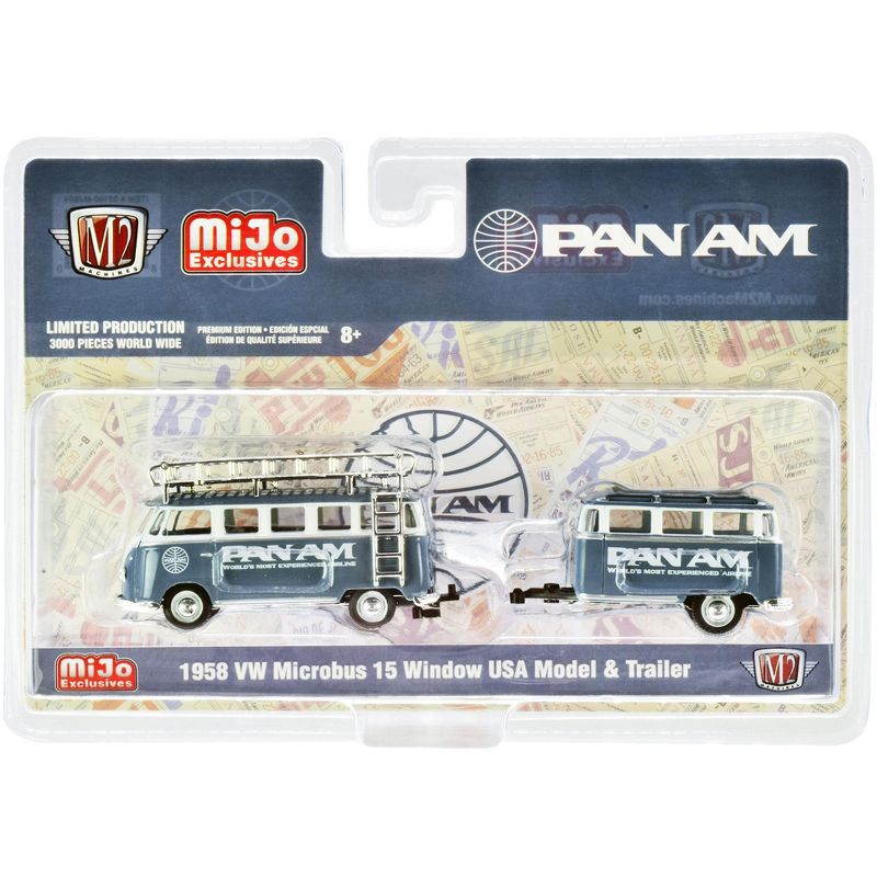 1958 Volkswagen Microbus 15 Window U.S.A. Model with Travel Trailer "PAN AM" Limited Edition to 3,000 pieces 1/64 Diecast Model Car by M2 Machines
