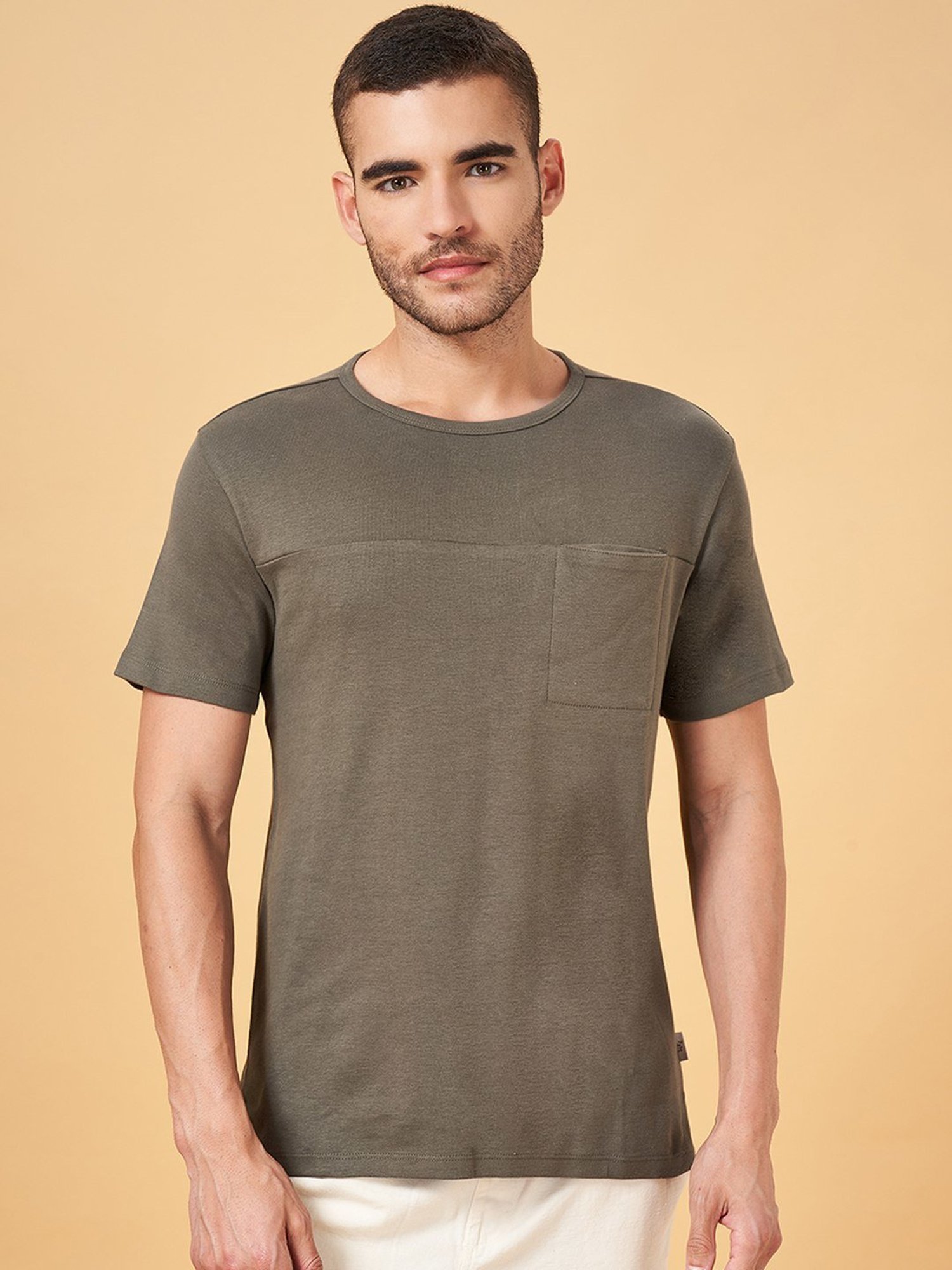 7 Alt by Pantaloons Green Cotton Slim Fit T-Shirt