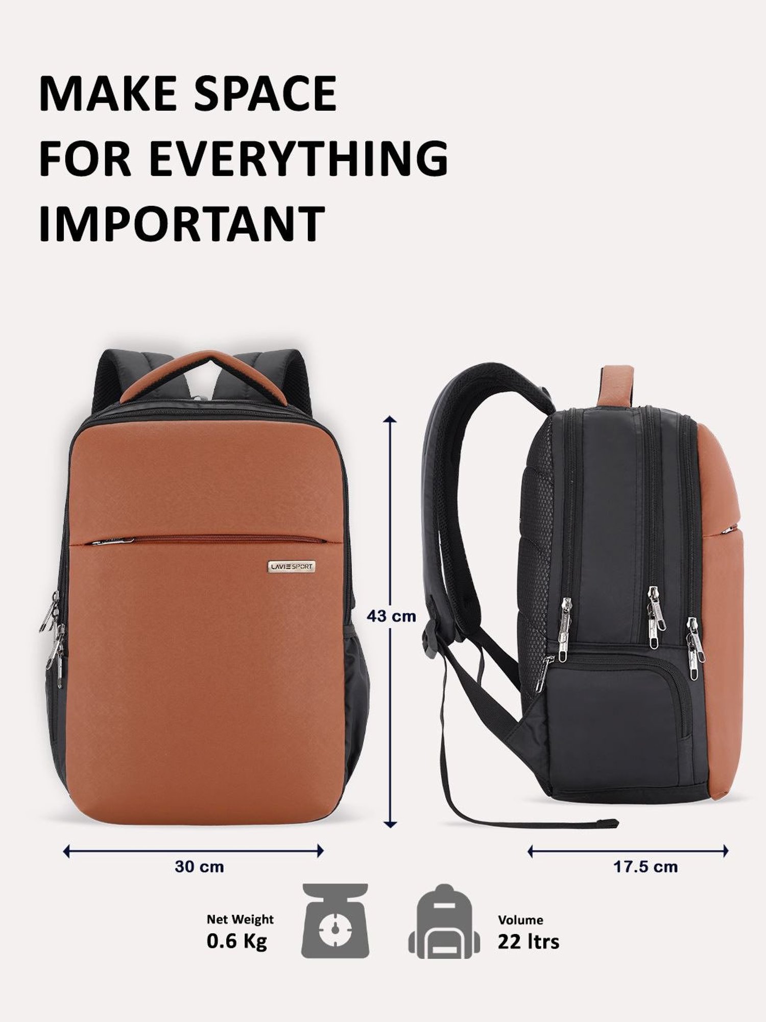 Lavie Sport Prodigy 22L Laptop Unisex Backpack For Men & Women Backpack for Girls & Boys (Tan)