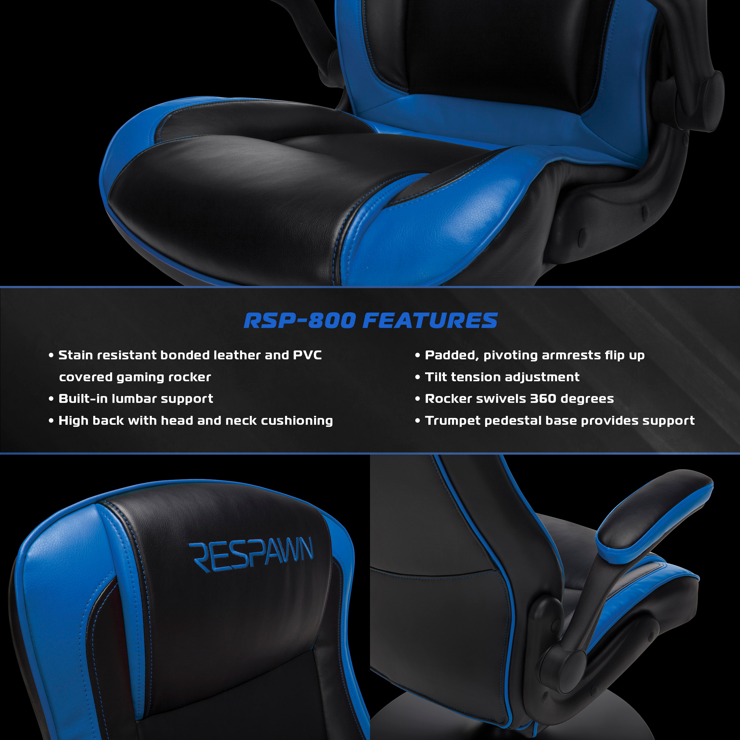 RESPAWN-800 Racing Style Gaming Rocker Chair, Rocking Gaming Chair, in Blue (RSP-800-BLK-BLU)