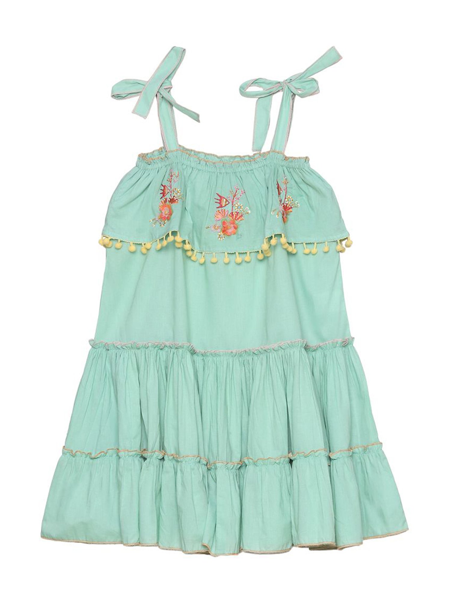 BIBA Girls Green Cotton Embroidered Dress
