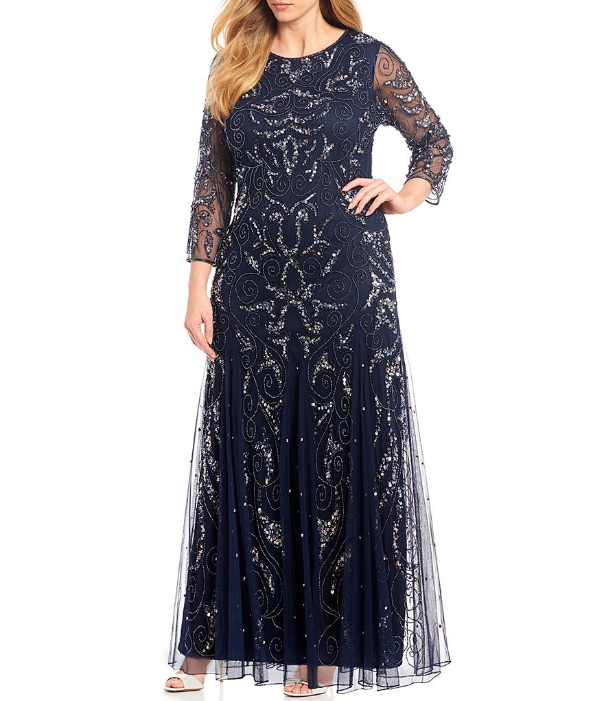 Pisarro Nights Plus Size 3/4 Sleeve Round Neck Beaded Gown