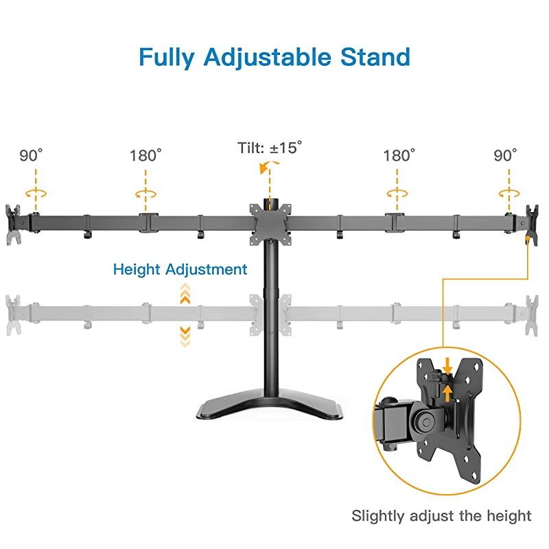 Triple Monitor Stand Free Standing Fully Adjustable Monitor Desk Mount Tilts Swivels Rotates Fits 3 LCD LED OLED Screens 1324 Inches in Size Each Arm Holds up to 22lbs