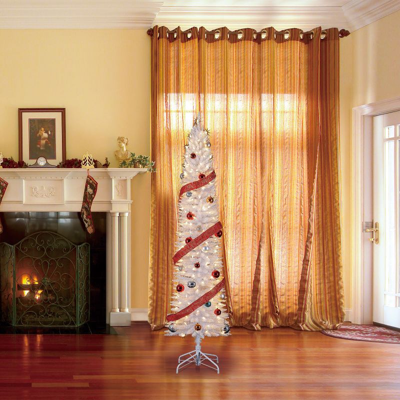 Home Heritage TV70CZ113L00 7 Foot Pre-Lit Artificial Pencil Christmas Tree with Warm White LED Lights, Folding Metal Stand and Easy Assembly, White