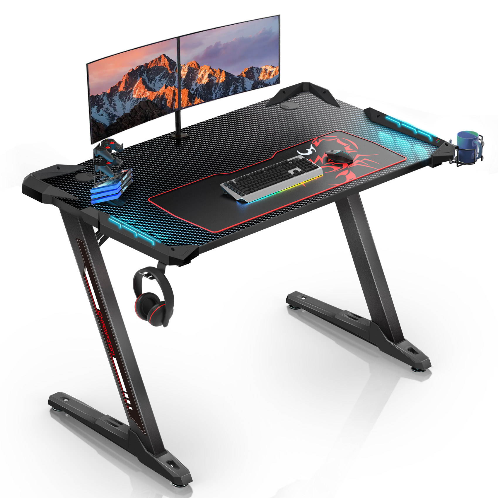 Eureka Ergonomic Z1-S Gaming Desk, Z Shaped Computer Desk with RGB LED Lights, Free Mousepad, Controller Stand, Cup Holder & Headphone Hook - Black 43.3"