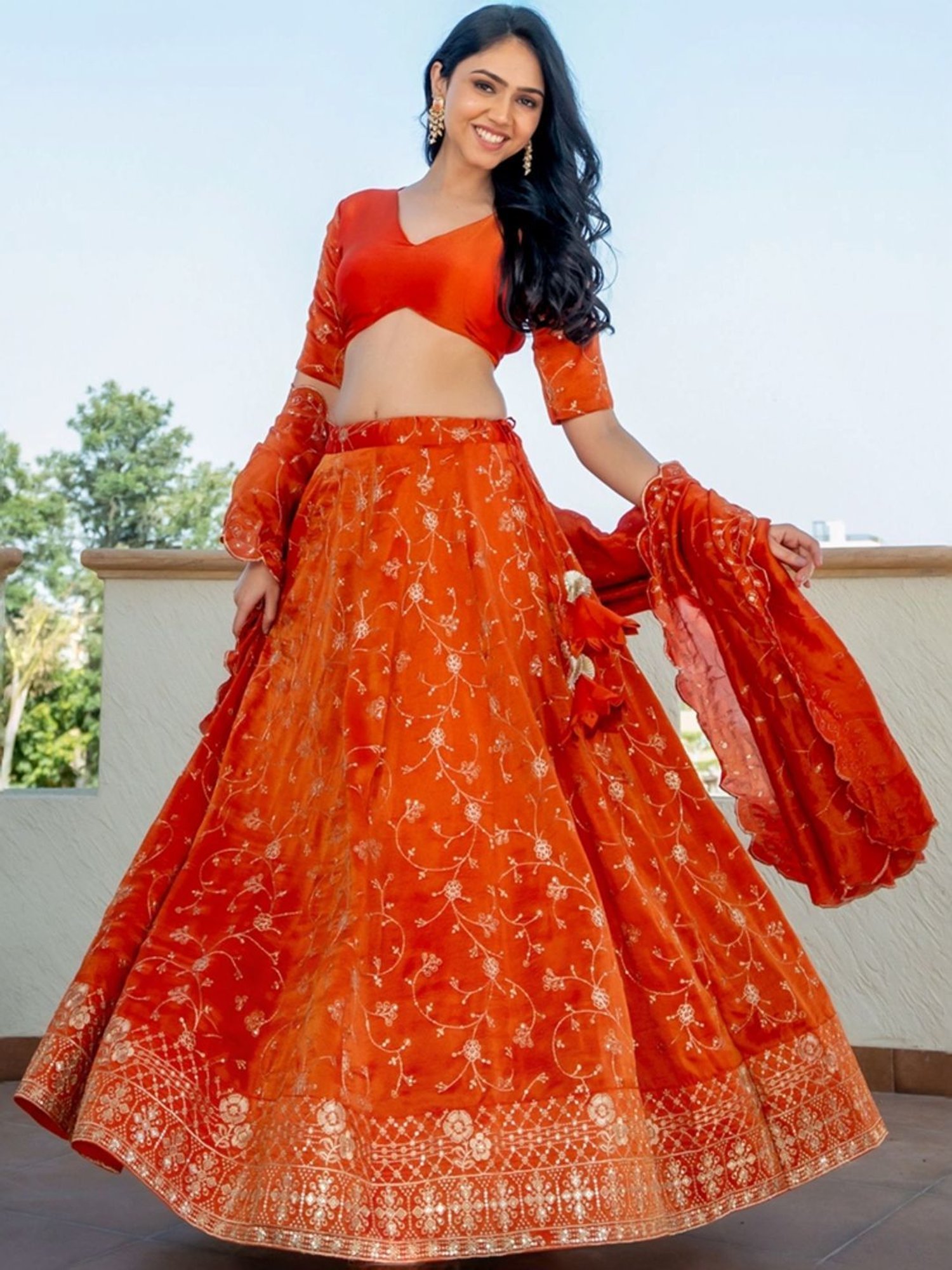 HOUSE OF JAMOTI Orange Embroidered Lehenga Choli Set With Dupatta