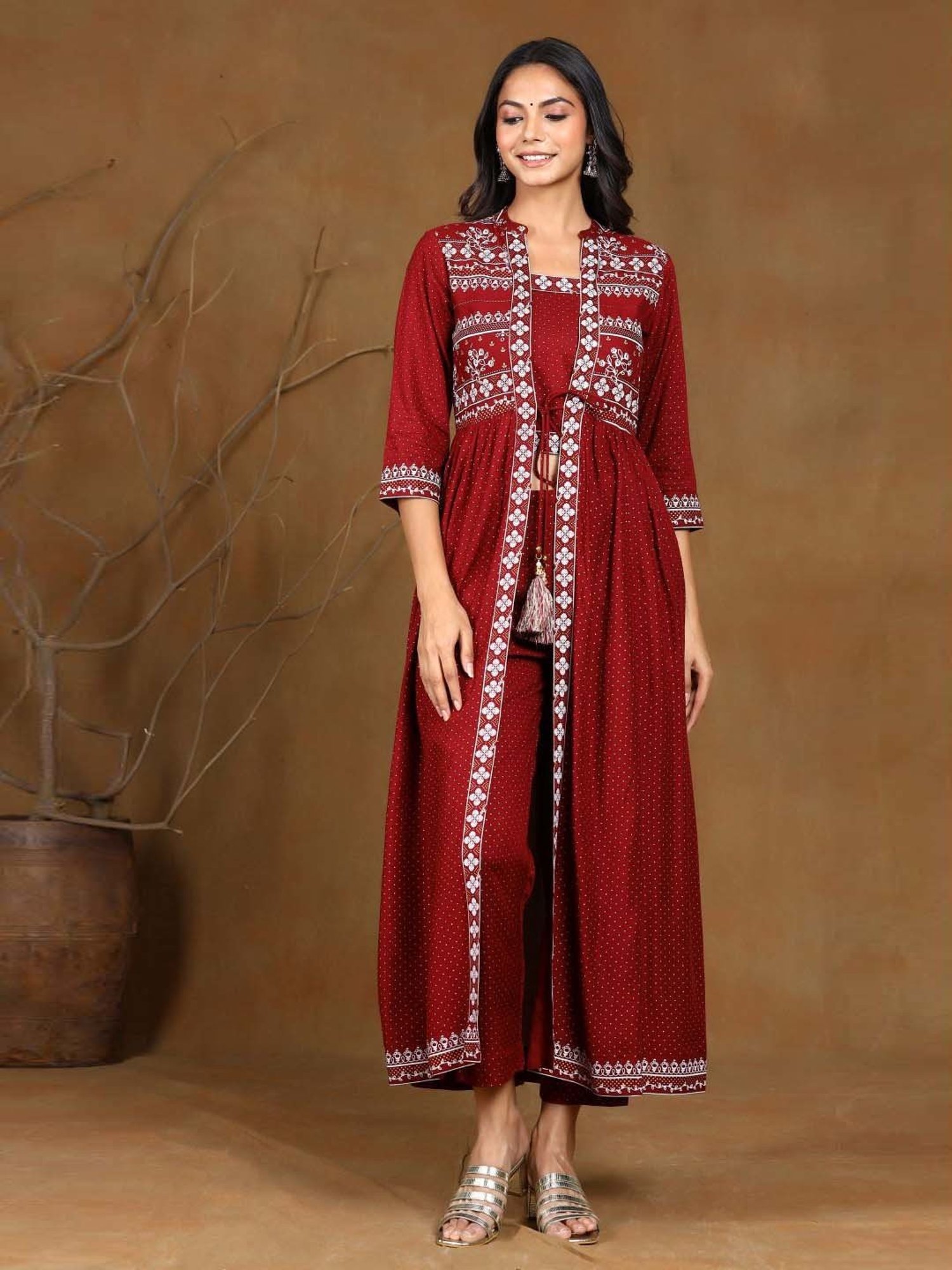 Juniper Maroon Ethnic Motif Printed Rayon Jacket Style Kurta & Pants Set