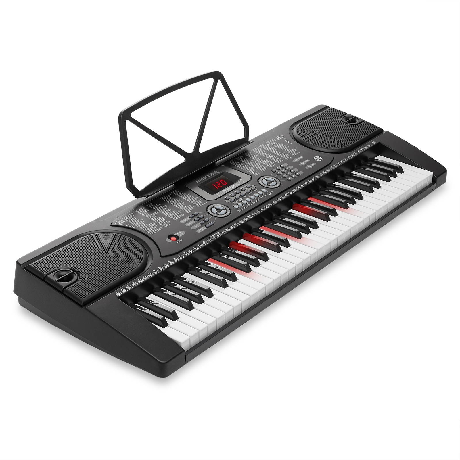 Hamzer 61-Key Electronic Keyboard Portable Digital Music Piano with Lighted Keys, H Stand, Stool, Headphones Microphone, & Sticker Set
