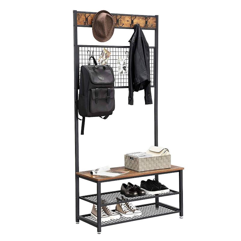 Metal Coat Rack with Wooden Bench Brown and Black - Benzara