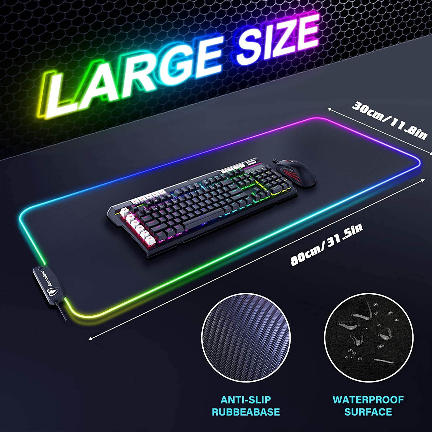 RGB Gaming Mouse Pad, 14 Lights Modes with 4 USB Ports Ultra-Large Size Soft Extra Extended Mousepad, Anti-Slip Rubber Base Computer Keyboard Mat 31.5X 11.8in