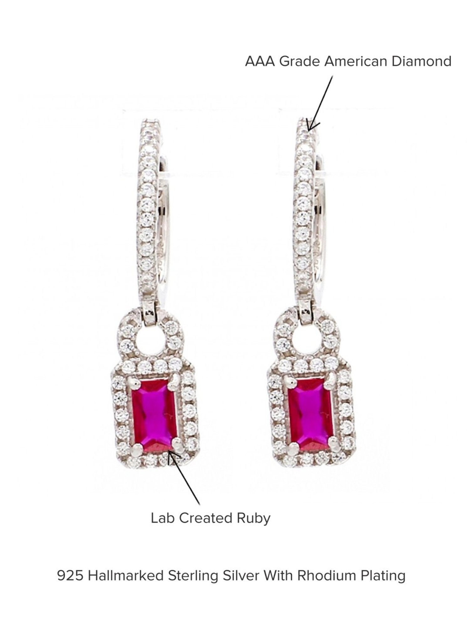 925 Silver Rectangular Red Ruby and American Diamond Bali Hoop Earrings for Women & Girls