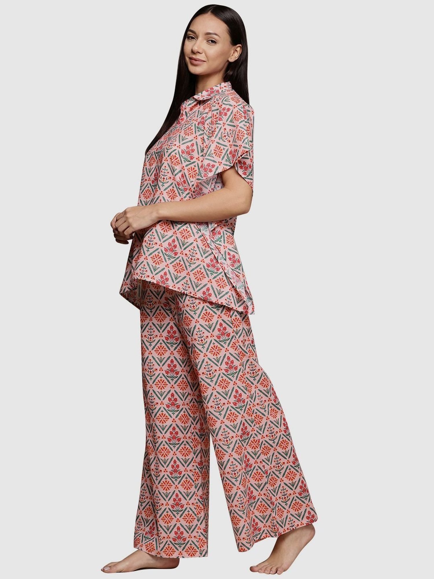 Ziyaa Peach Cotton Floral Print Kaftan Pyjama Set