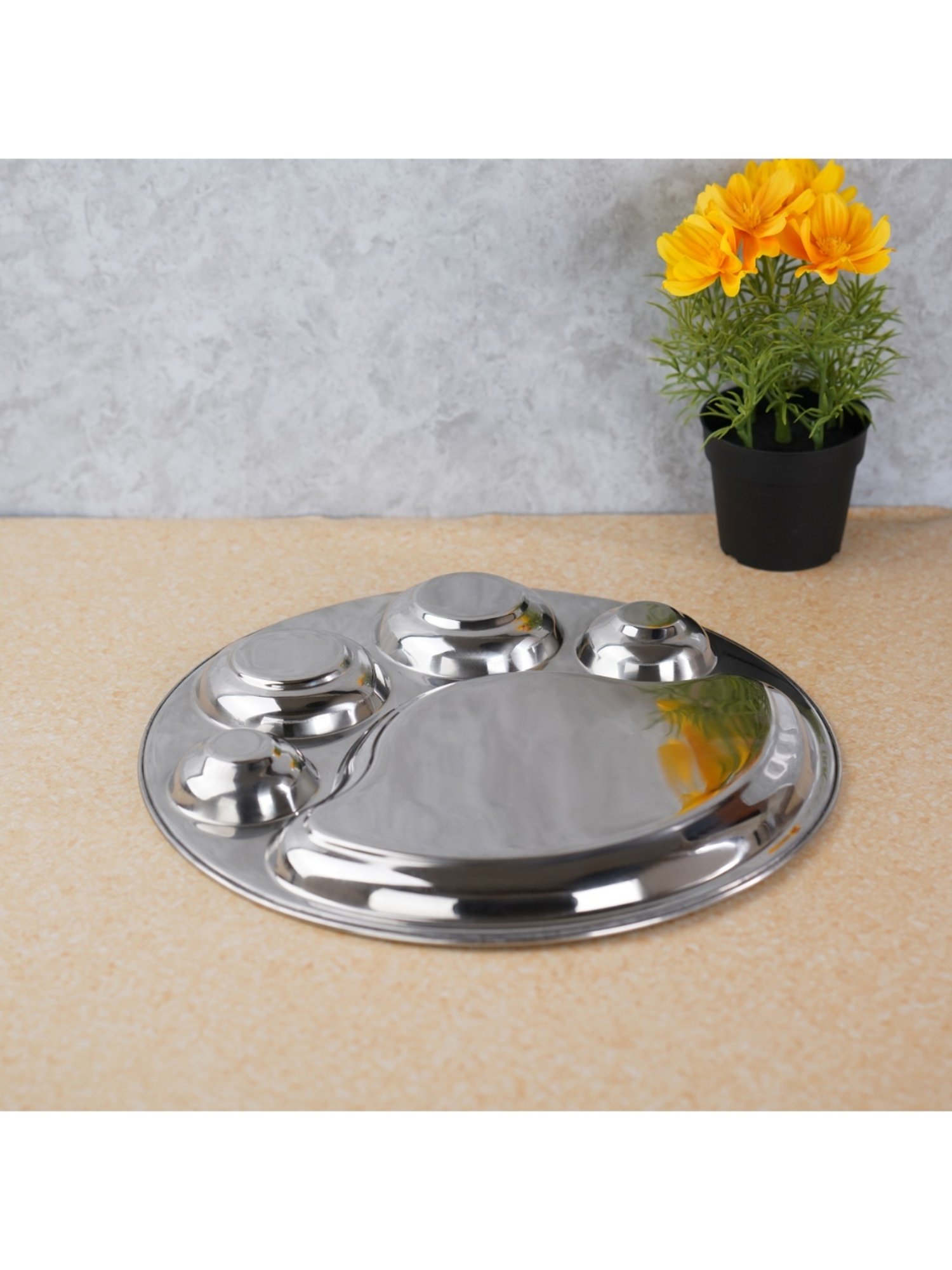 Sumeet Stainless Steel Round 5 in 1 Compartment Lunch / Dinner Plate 1Pc, 31cm Dia, Silver