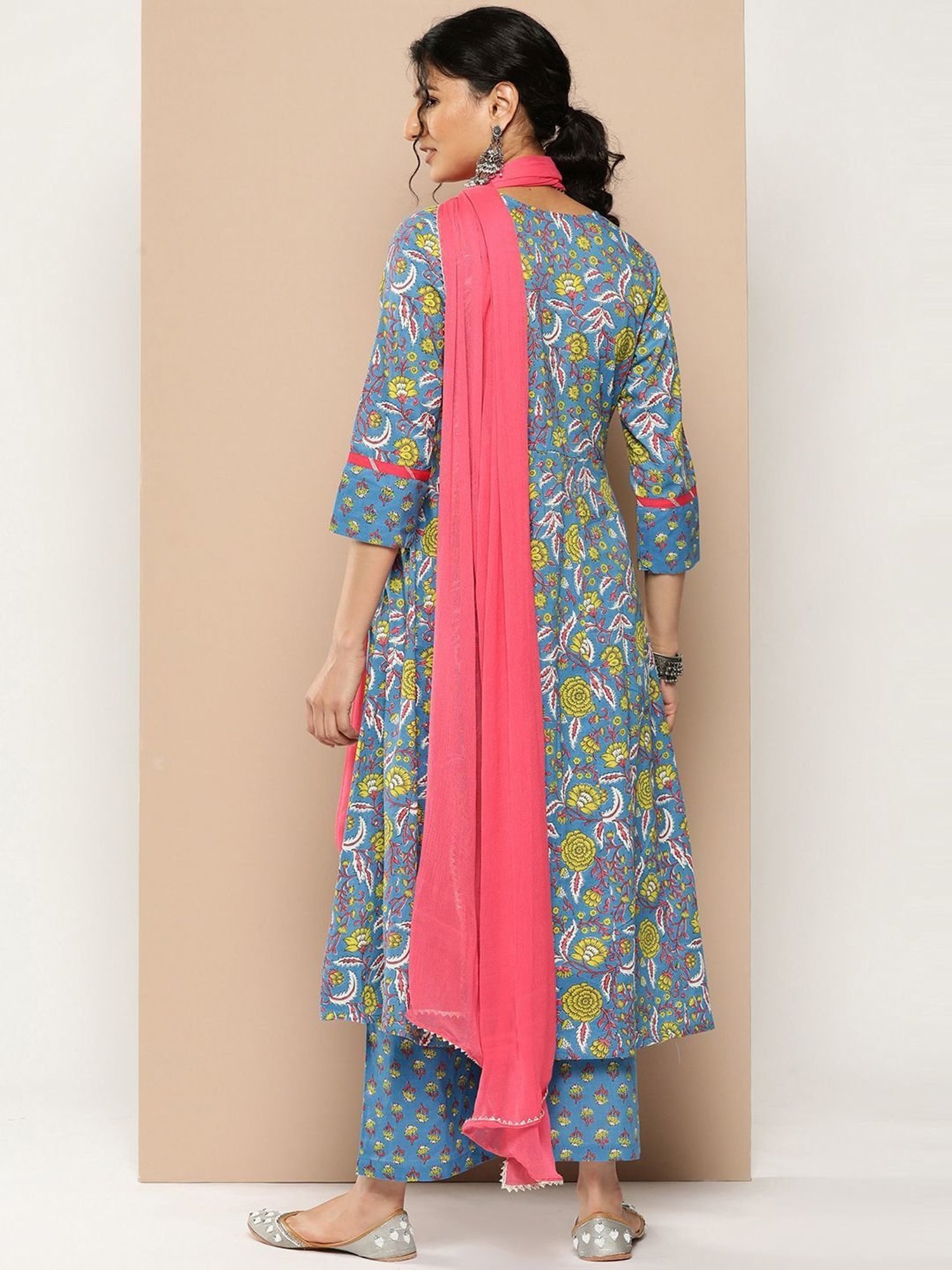 KSUT Blue Cotton Printed Kurta Palazzo Set With Dupatta