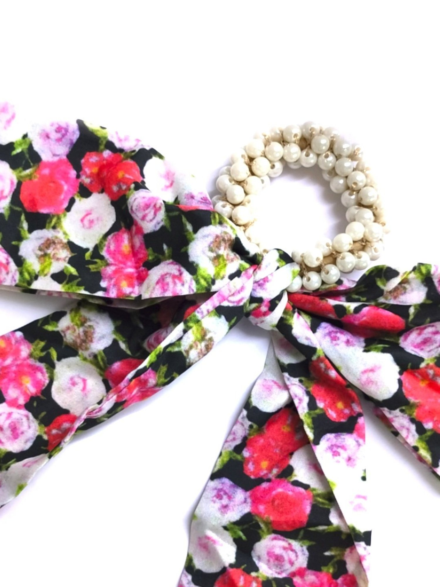 OOMPH Pink Satin & Pearls Hair Tie Scarf Scrunchy