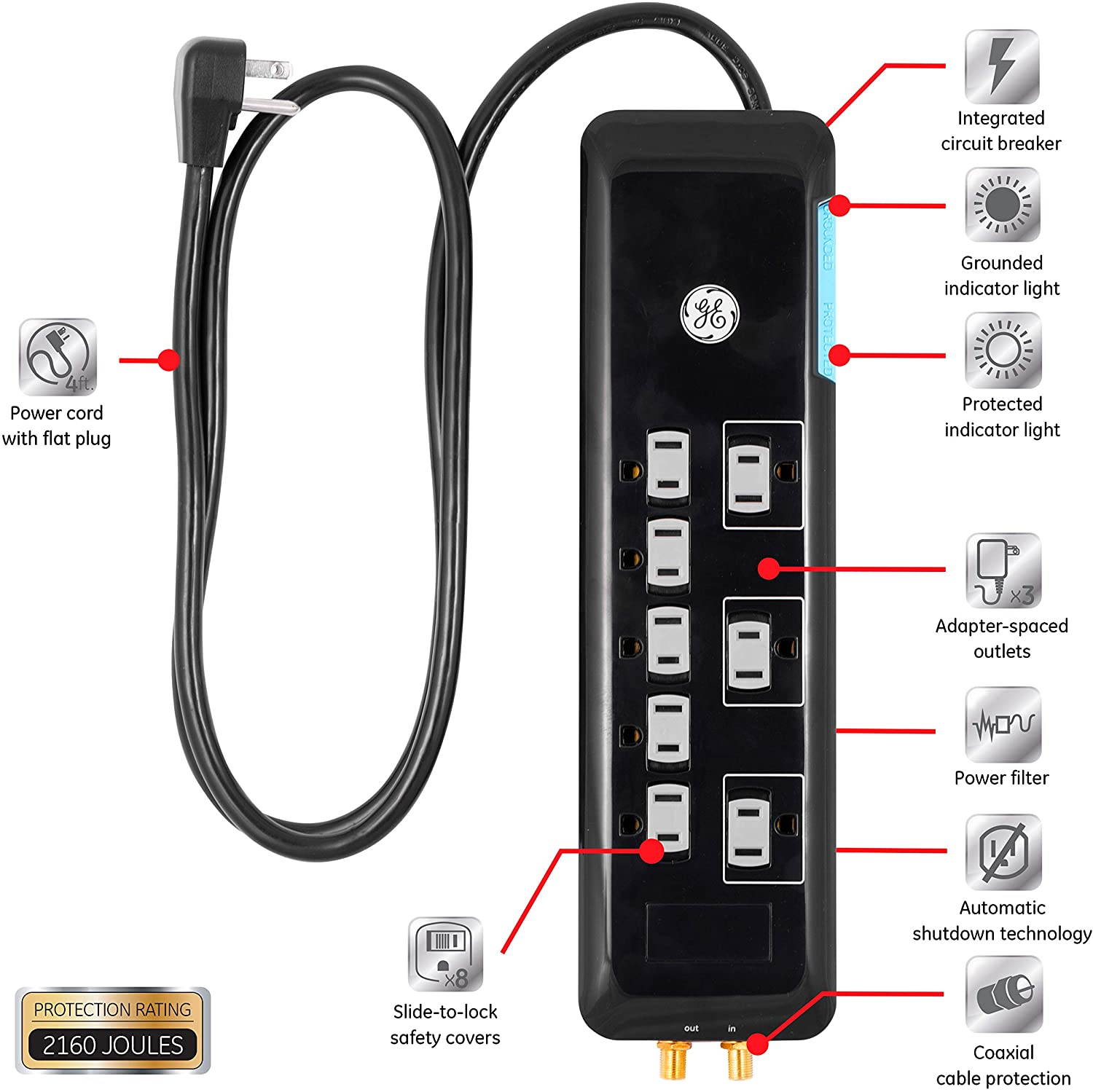 GE Surge Protector, 8 Outlet Power Strip, Long 4' Power Cord, Flat Plug, Power Filter, Circuit Breaker, 2160 Joules, 4' Cord, Black, 34461