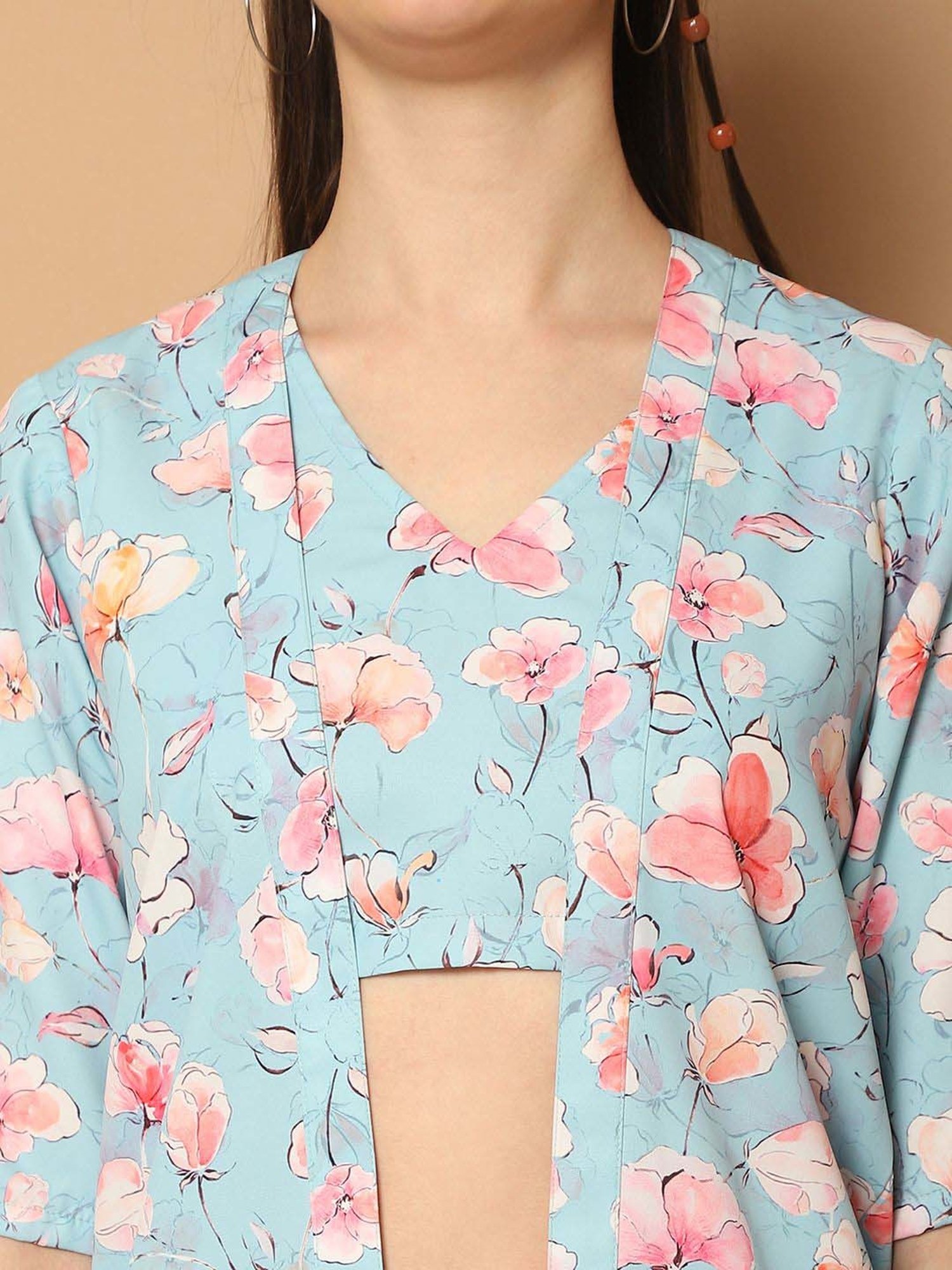 Indian Needle Blue Printed Crop Top Shorts Set With Shrug